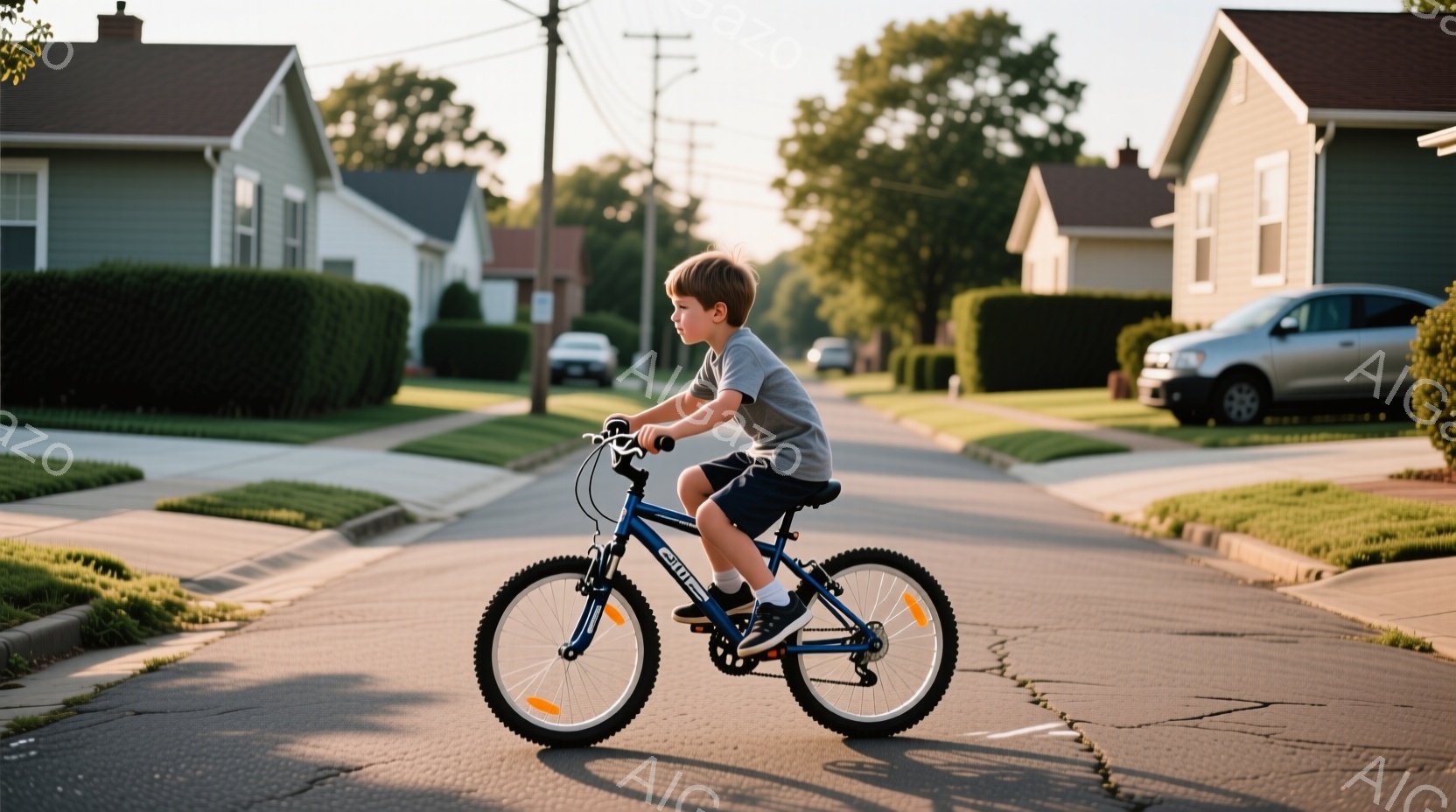少年は青い自転車に乗り、アスファルトの道を進んでいます。グレーのTシャツと濃い青色の短パンを着ており、少し前かがみの姿勢で、集中した表情をしています。背景には住宅が並び、緑豊かな芝生と木々が見え、穏や - AI生成フリー素材