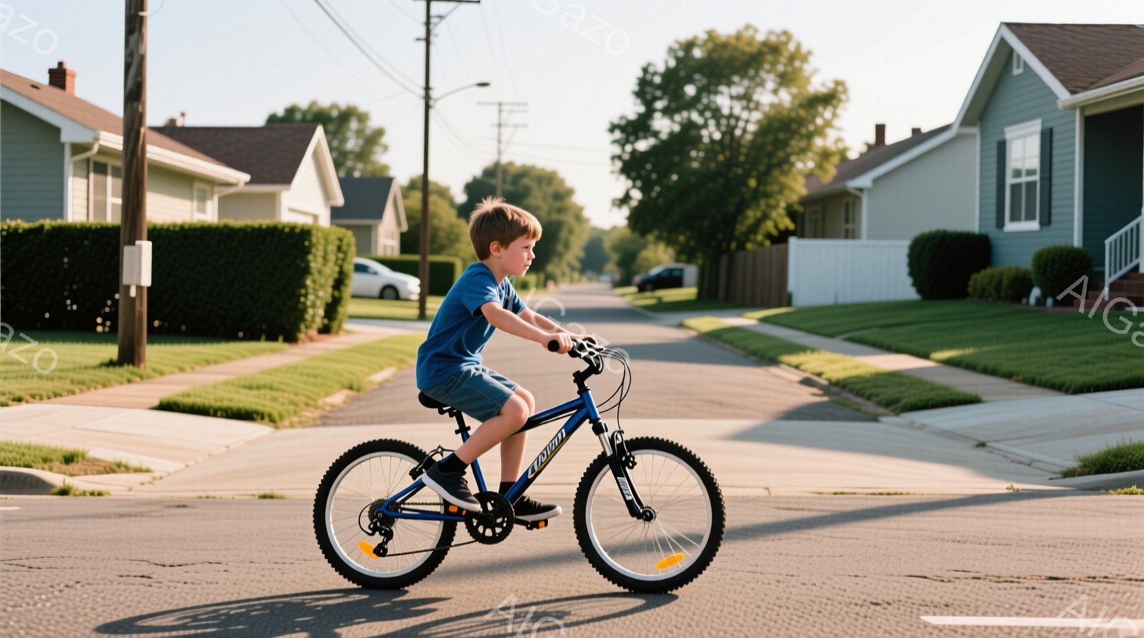 小さな男の子が青い自転車に乗り、住宅街の道路を走っています。彼は青いTシャツとジーンズのショートパンツを着ており、黒いスニーカーを履いています。背景には、手入れの行き届いた芝生と、白とグレーの可愛らしい家々が並び、晴れた日の穏やかな雰囲気が漂っています。