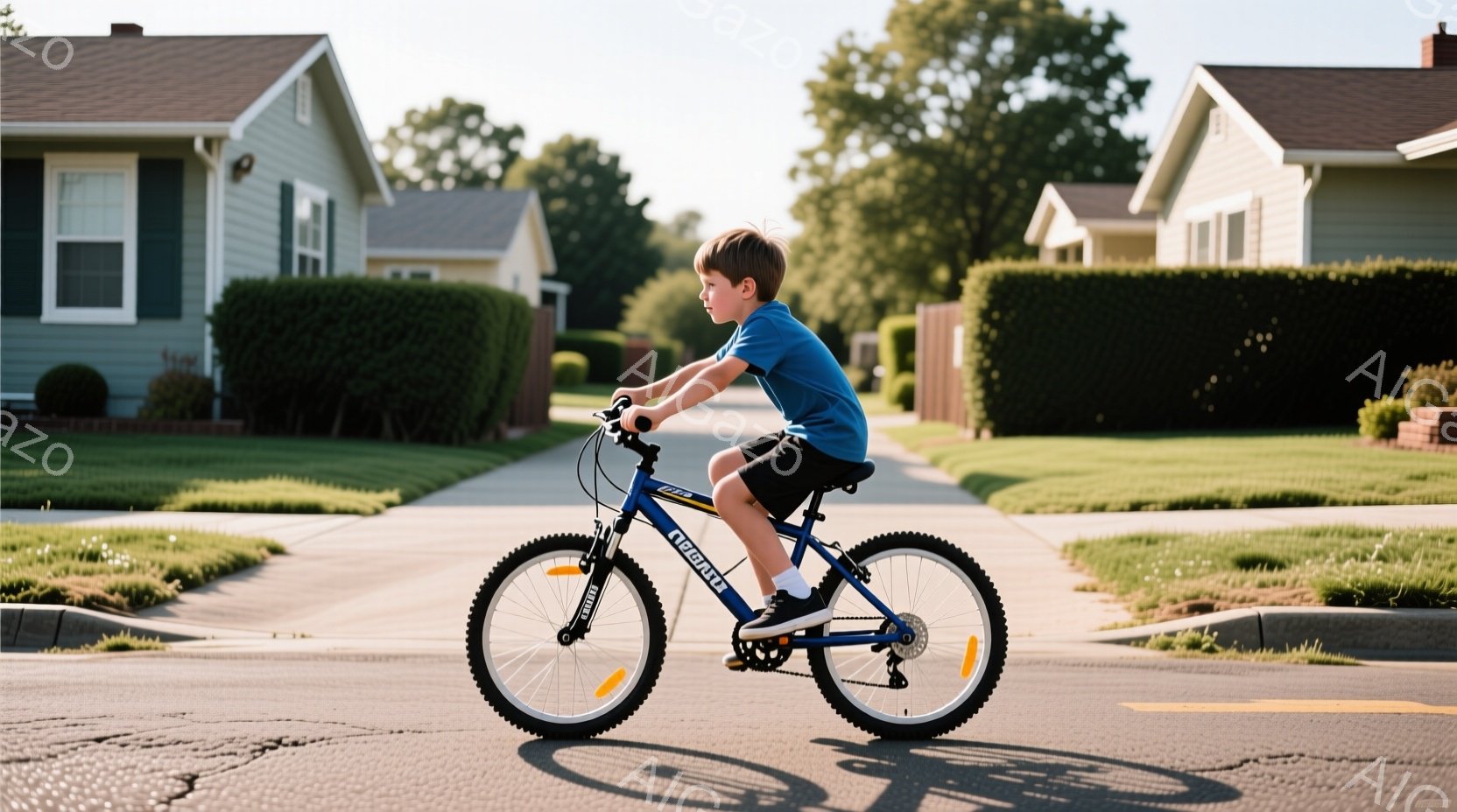 少年は青いTシャツと黒いショーツを着て、青い自転車に乗っています。彼は前かがみになり、集中した表情でペダルを漕いでいます。背景には、緑豊かな芝生と、白い家の並ぶ住宅地が広がっており、晴れた日の穏やかな雰囲気が感じられます。