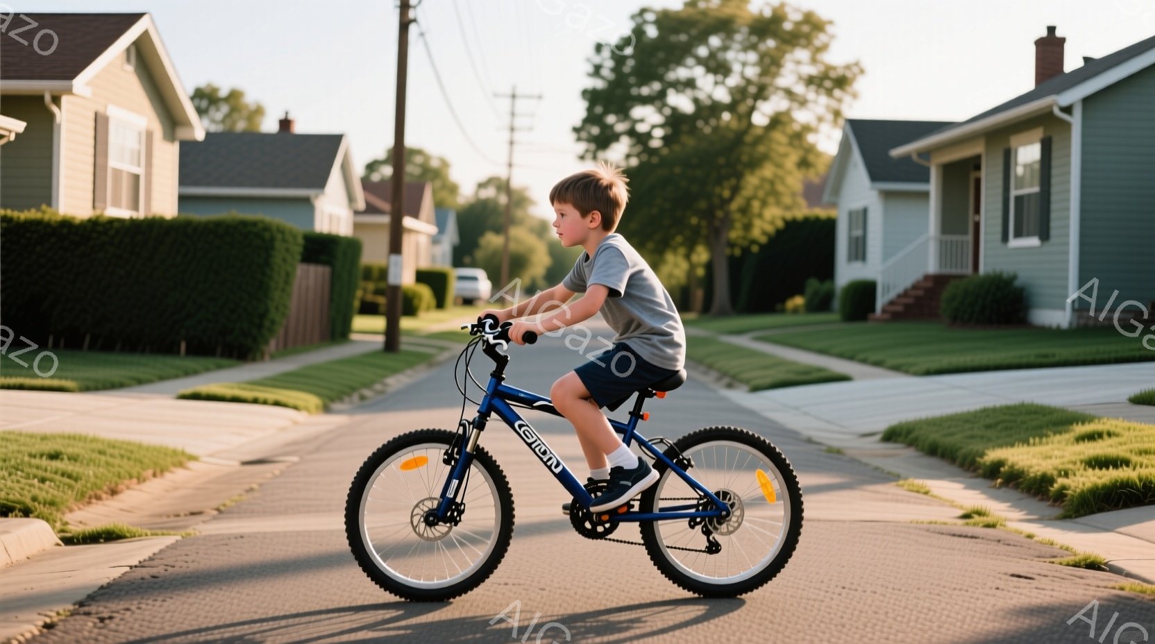 少年は青い自転車に乗り、住宅街の道路を走っています。グレーのTシャツと紺色の短パンを着用し、少し前かがみの姿勢でハンドルを握っています。背景には芝生と白い家々が並び、晴れた日の穏やかな雰囲気を感じさせます。