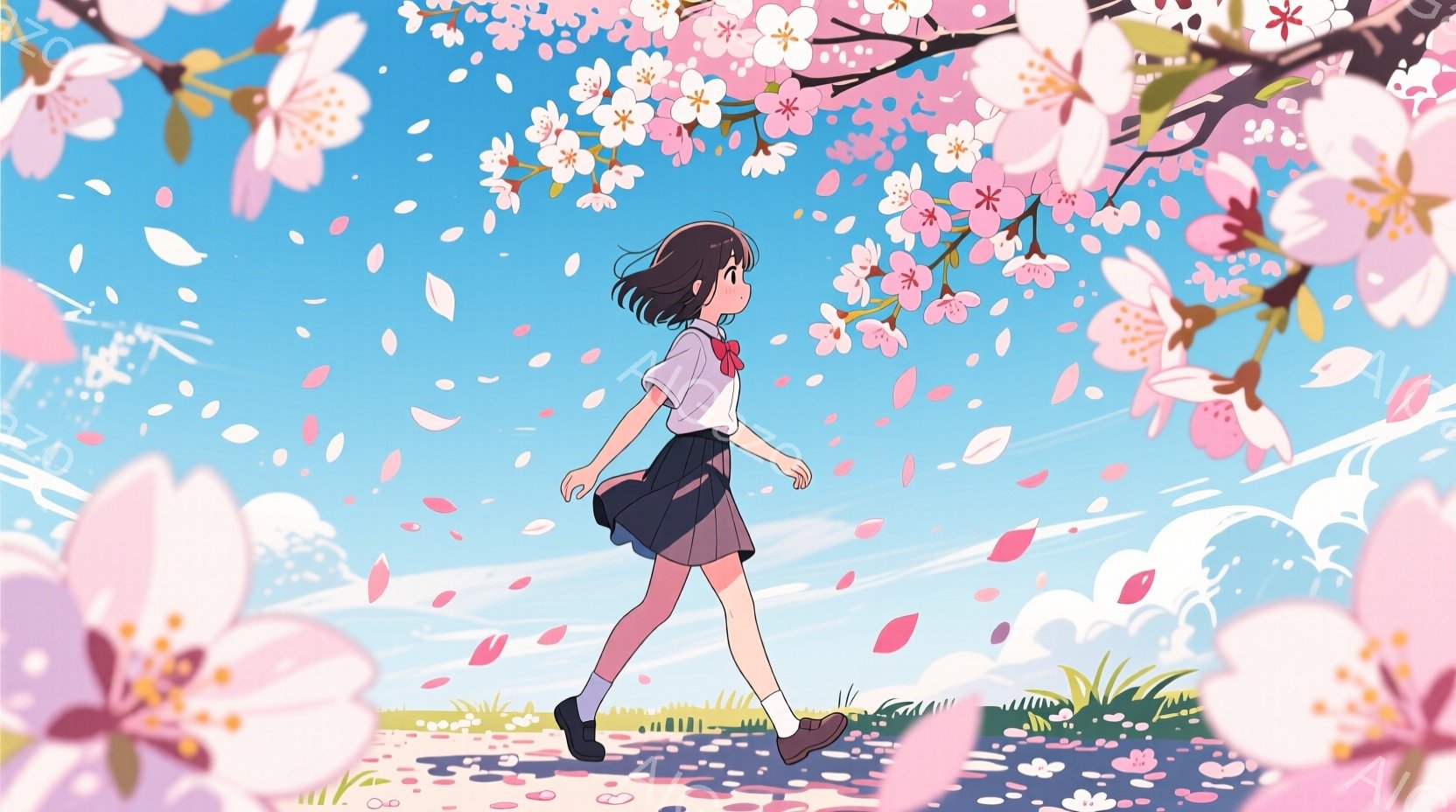 短い黒髪の少女が、桜並木の道を歩いている。紺色の制服に白いブラウス、赤いリボンがアクセントになっている。背景には、ピンク色の桜の花びらが舞い散り、春の暖かく穏やかな雰囲気が漂っている。 - AI生成フリー素材