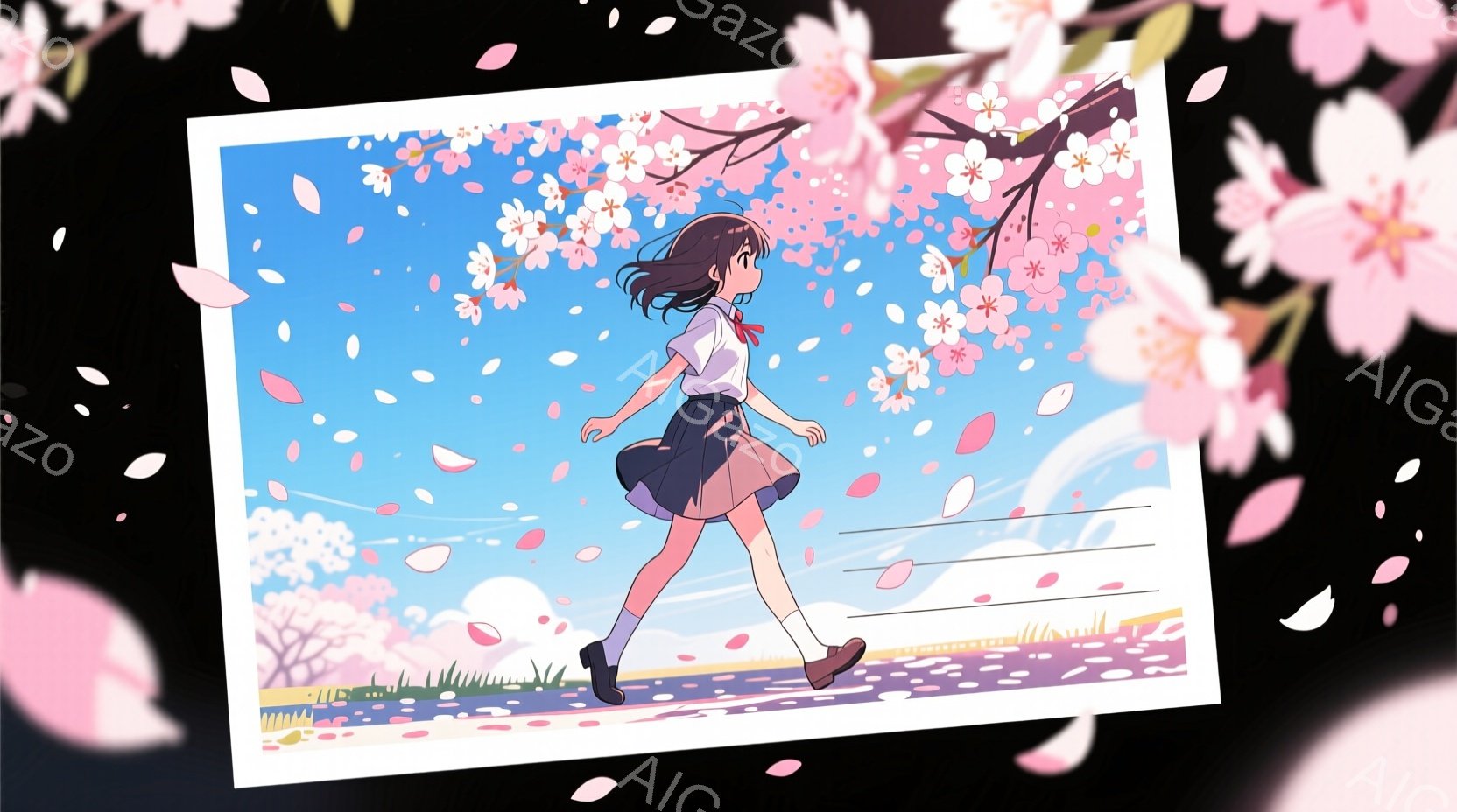 短い茶色の髪と、前髪が少し長めの少女が描かれています。彼女は紺色のスカートと白いブラウス、そして茶色の靴を履いて、桜並木の中を歩いています。背景には、ピンク色の桜の花びらが舞い散り、明るい空と緑の草地が広がっており、春の穏やかな雰囲気が感じられます。