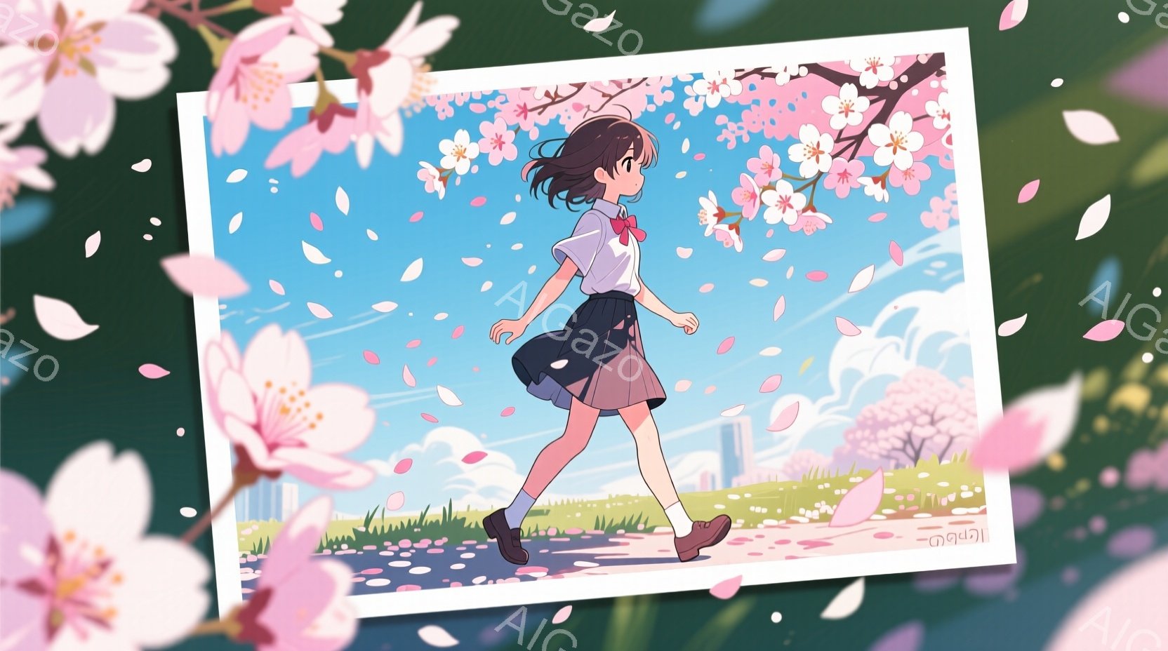 短い黒髪の少女が、桜の花びらが舞う道を歩いている。紺色のスカートと白いシャツ、赤いリボンがアクセントになった制服姿で、少しうつむき加減で歩いている様子は、どこか物思いにふけっているようにも見える。背景 - AI生成フリー素材