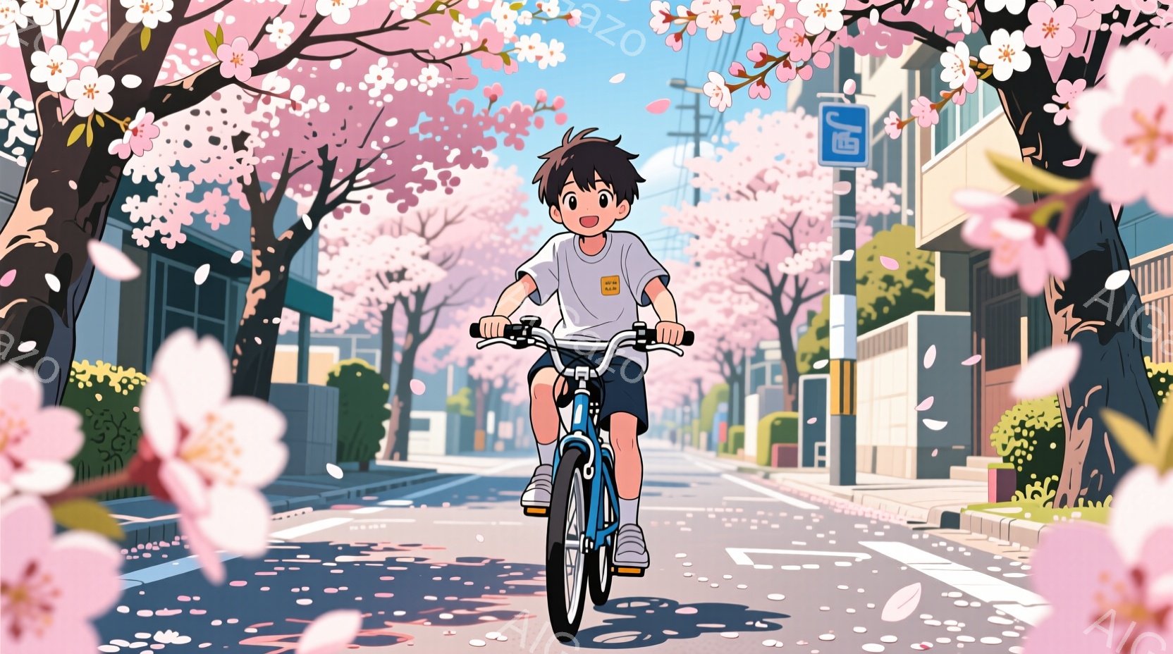 若い少年が自転車に乗って桜並木の中を走っている様子が描かれている。少年は黒髪で、短い髪型に整えられ、青い短パンと黄色のTシャツを着ている。背景には住宅街が広がり、道沿いには桜の花びらが舞い散り、春の暖 - AI生成フリー素材