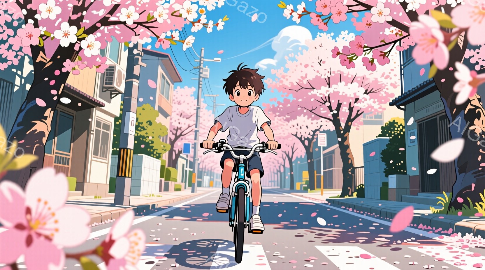 少年は、青い自転車に乗り、桜並木が続く道をまっすぐ進んでいます。彼は白いTシャツと短いズボンを着用し、黒髪で前髪が少し目にかかっています。背景には、日本の住宅街が広がり、空は晴れていて、桜の花びらが舞い散る、春の暖かな日差しが感じられる穏やかな風景です。