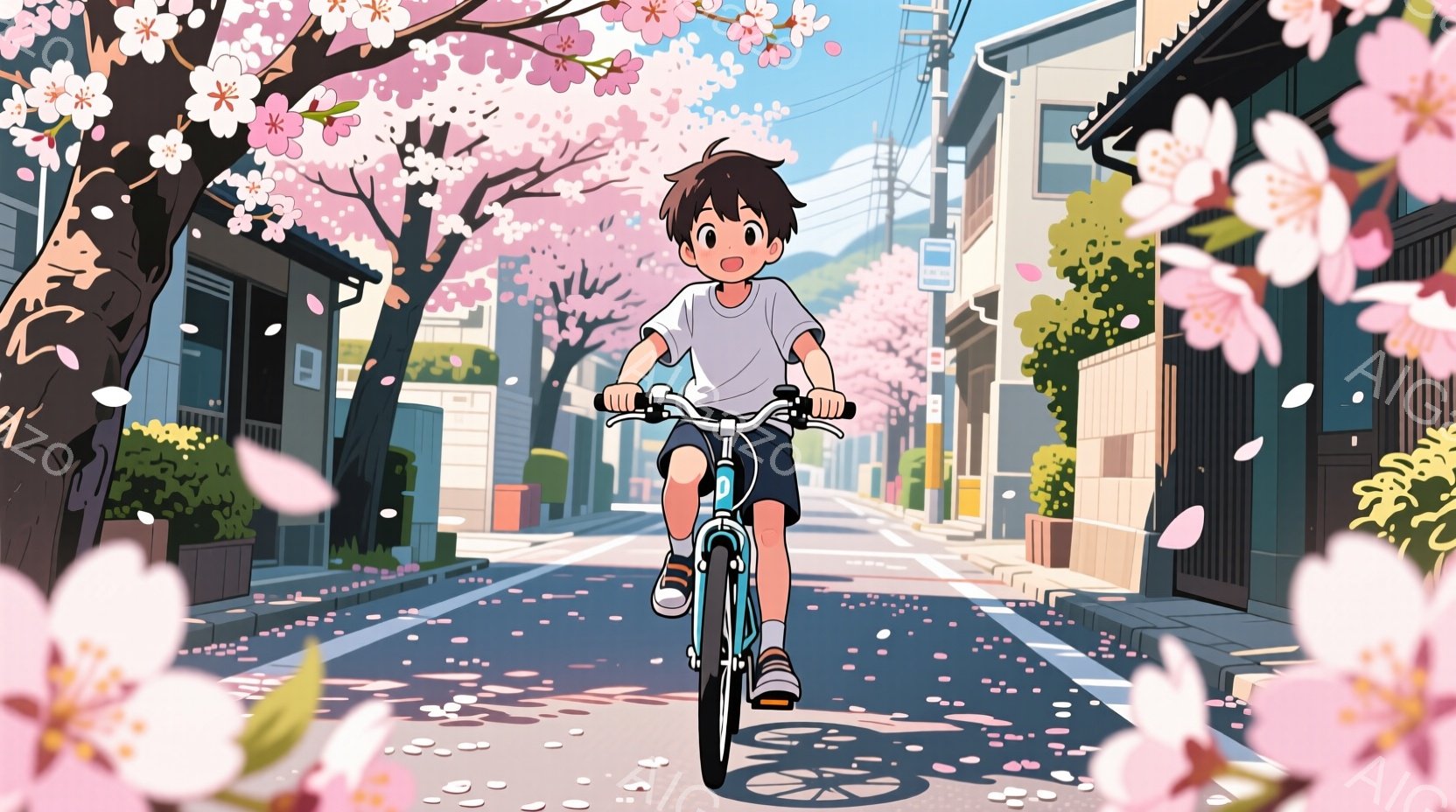 少年は、桜並木が続く道を自転車に乗って進んでいます。青い短パンと白いTシャツを着ており、髪は黒く、表情は明るく楽しそうです。背景には、日本の古い町並みが広がり、桜の花びらが舞い散る、春の暖かい日差しが - AI生成フリー素材