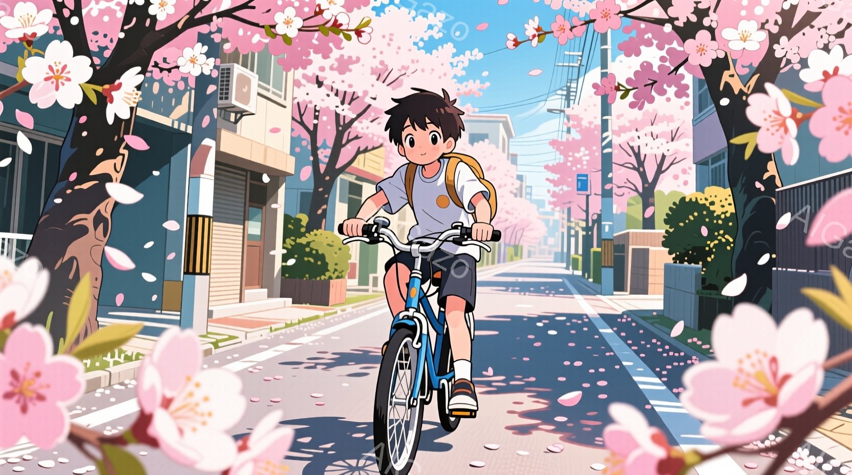 人物は少年で、髪色は青。彼はスポーツジャージを着ており、冷静な表情で自転車に乗っています。街の中心にある桜並みから花が飛び交う春日の景色をバックグラウンドとしています。彼は安全な速度で走っており、その行動や表情はリラックス感があります。