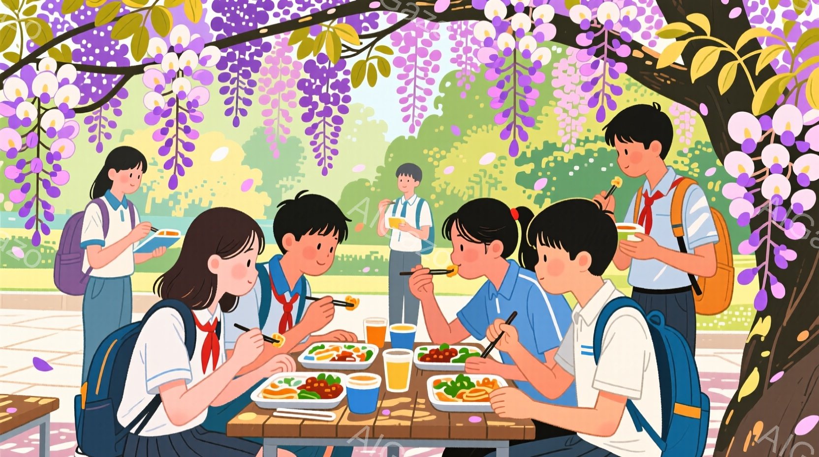 複数の生徒たちが、藤の花が咲き乱れる公園でランチを楽しんでいる様子が描かれています。制服姿で、リュックを背負い、木製のテーブルを囲んで食事をしたり、話したりしています。背景には緑豊かな木々と青空が広がり、明るく穏やかな春の日の雰囲気が感じられます。