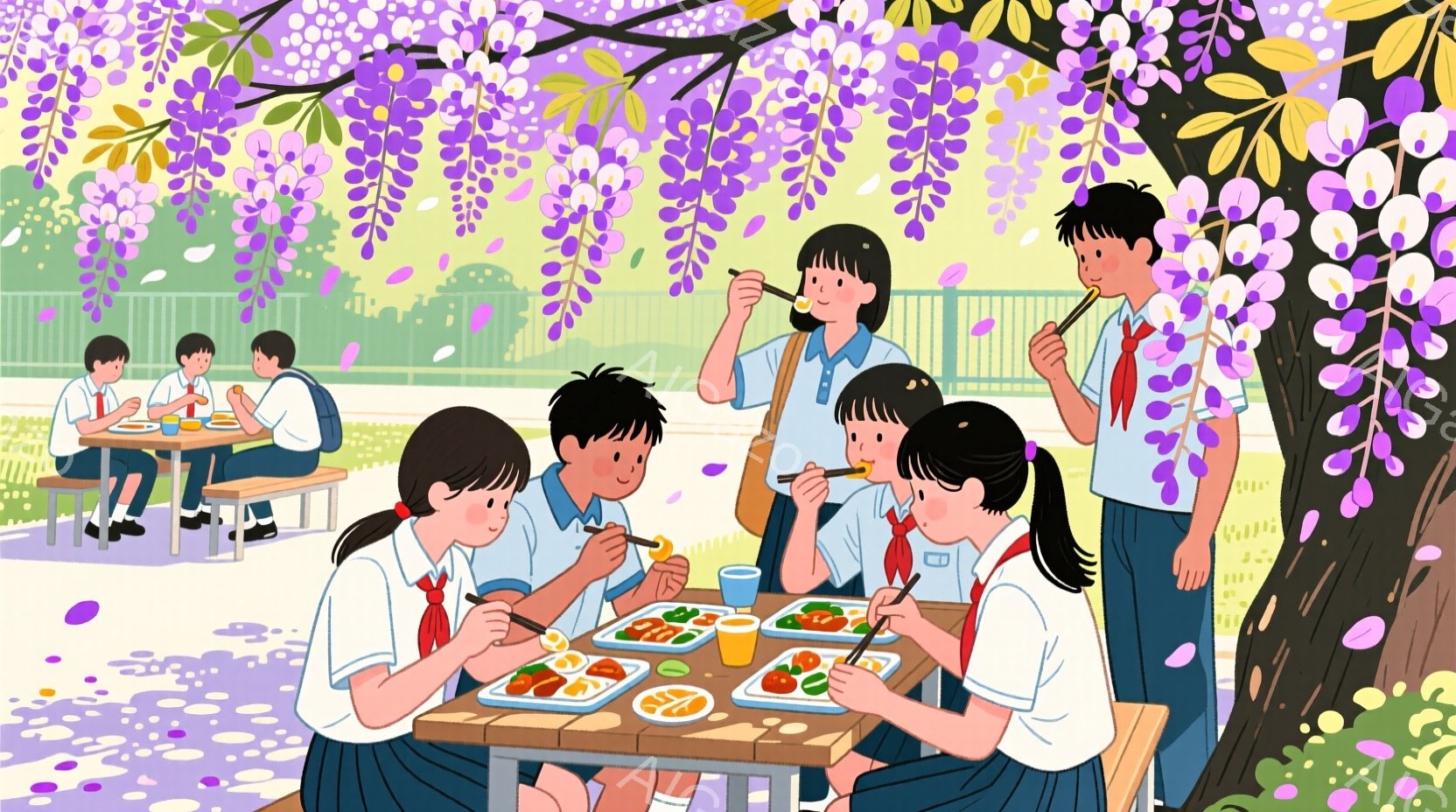 制服を着た中学生たちが、紫色の藤の花の下でランチを楽しんでいます。女の子たちはリボンと短い髪が特徴で、楽しそうに食事をしています。背景には緑豊かな芝生と青空が広がり、穏やかで明るい雰囲気を醸し出しています。