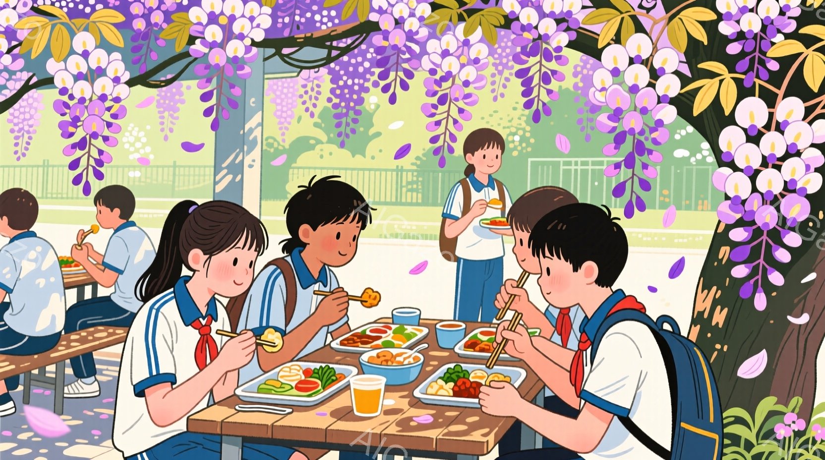 複数の生徒たちが屋外のテーブルを囲んで昼食をとっています。制服姿で、短髪またはポニーテール、笑顔で食事を楽しんでいます。背景には紫色の藤の花が咲き乱れ、学校の建物が見え、穏やかで明るい春の日の雰囲気が伝わってきます。