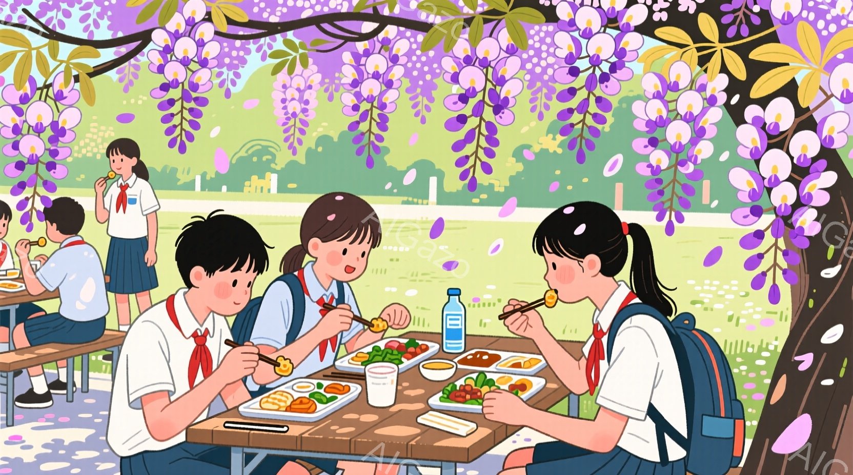 制服を着た生徒たちが紫藤の花の下でランチを楽しんでいます。彼らは皆、白いシャツと紺色のスカートまたはズボンを着用し、赤いリボンを結んでいます。背景には緑豊かな自然と建物が見え、穏やかで平和な雰囲気が漂っています。