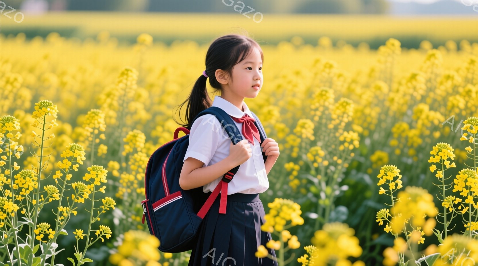 女の子は制服を着て、黄色い菜の花畑の中を歩いています。彼女は紺色のスカートと白いブラウスを着ており、赤いリボンで首元を飾っています。後ろを振り返っているようで、少し物憂げな表情を浮かべており、全体的に穏やかで優しい雰囲気です。