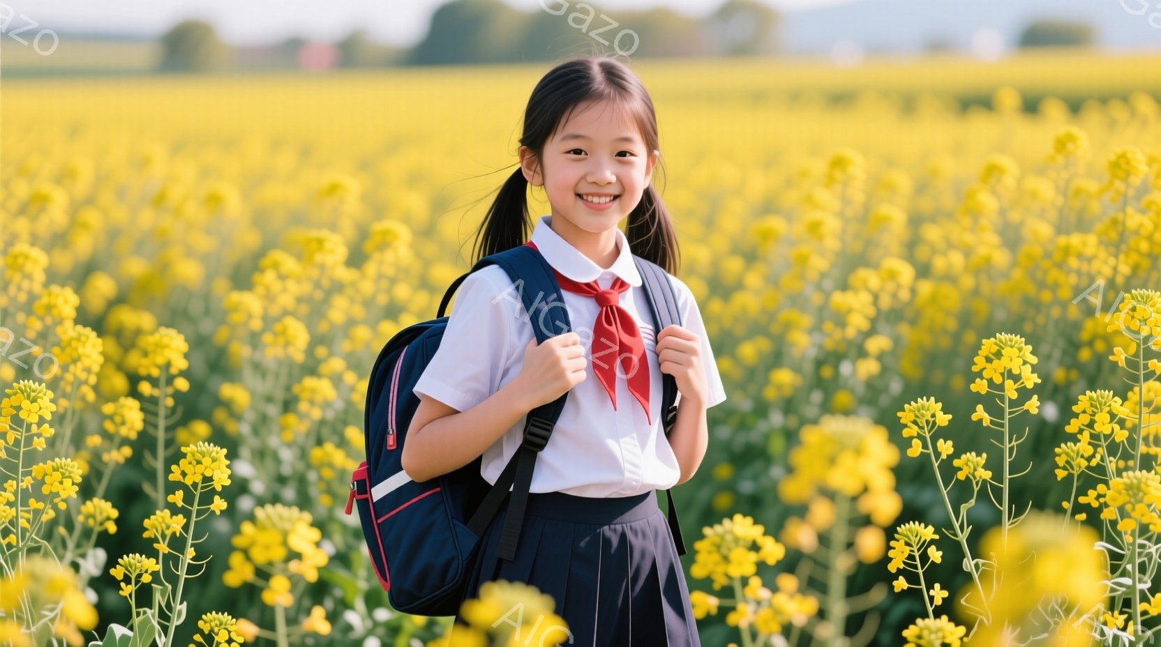 金髪の菜の花畑に、制服を着た少女が立っている。彼女は紺色のスカートと白いブラウス、赤いリボンネクタイを着用し、背中にはリュックサックを背負っている。 彼女は微笑んでおり、その表情は明るく、周囲の鮮やか - AI生成フリー素材