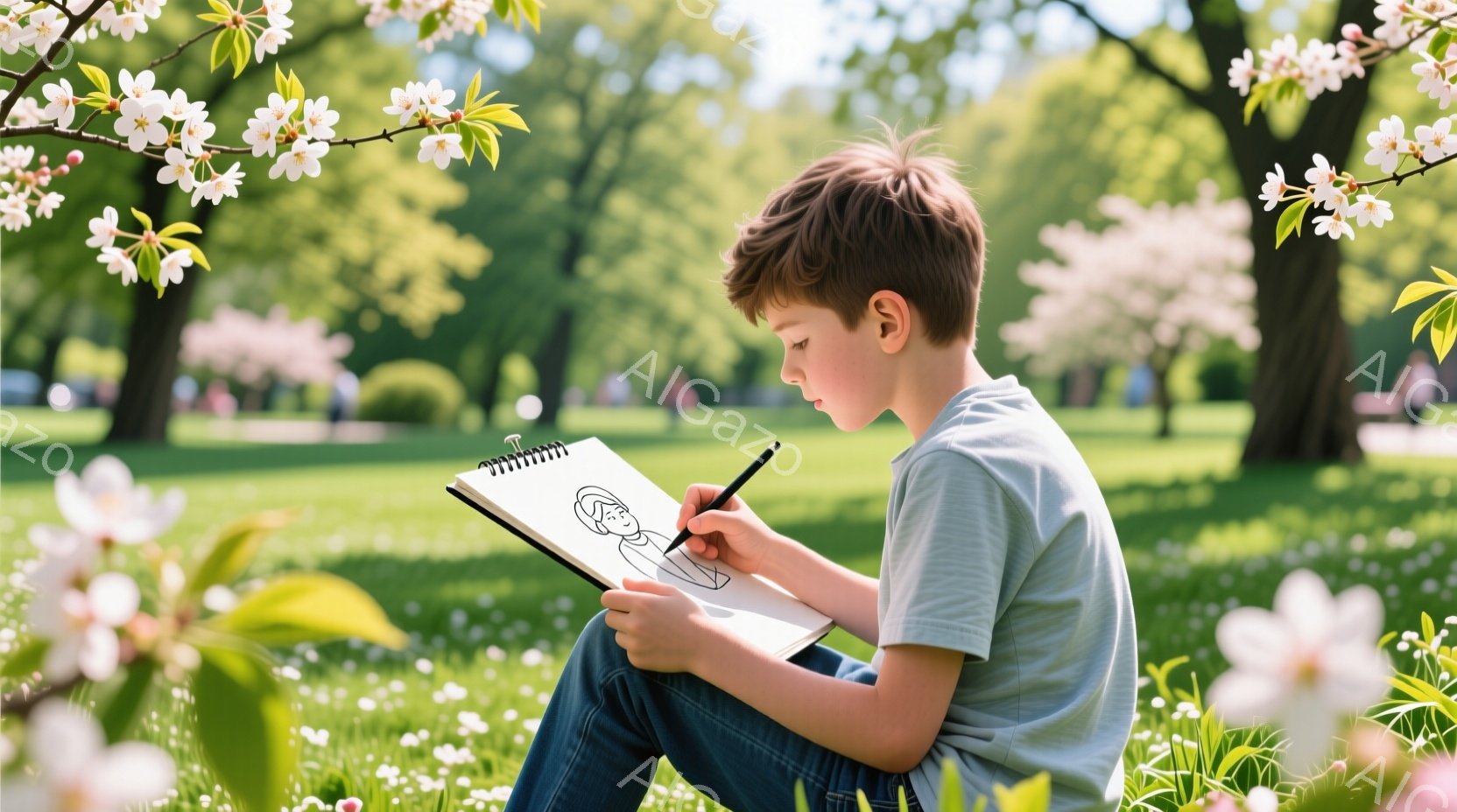 金髪の少年が芝生の上に座り、スケッチブックに何かを描いている。少年は水色のTシャツとジーンズを身につけ、集中した表情で鉛筆を握っている。背景には桜の木々と緑豊かな公園が広がり、晴れた春の日の穏やかな雰囲気が漂っている。