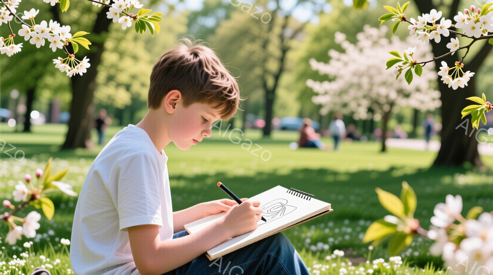 若い少年が緑豊かな草原に座り、スケッチブックに集中して絵を描いている。彼は白いTシャツと濃い色のズボンを着用し、短い茶色の髪をしている。背景にはぼやけた木々と人々が見え、春らしい穏やかな日差しが降り注ぎ、華やかな桜の花が咲き誇っている。