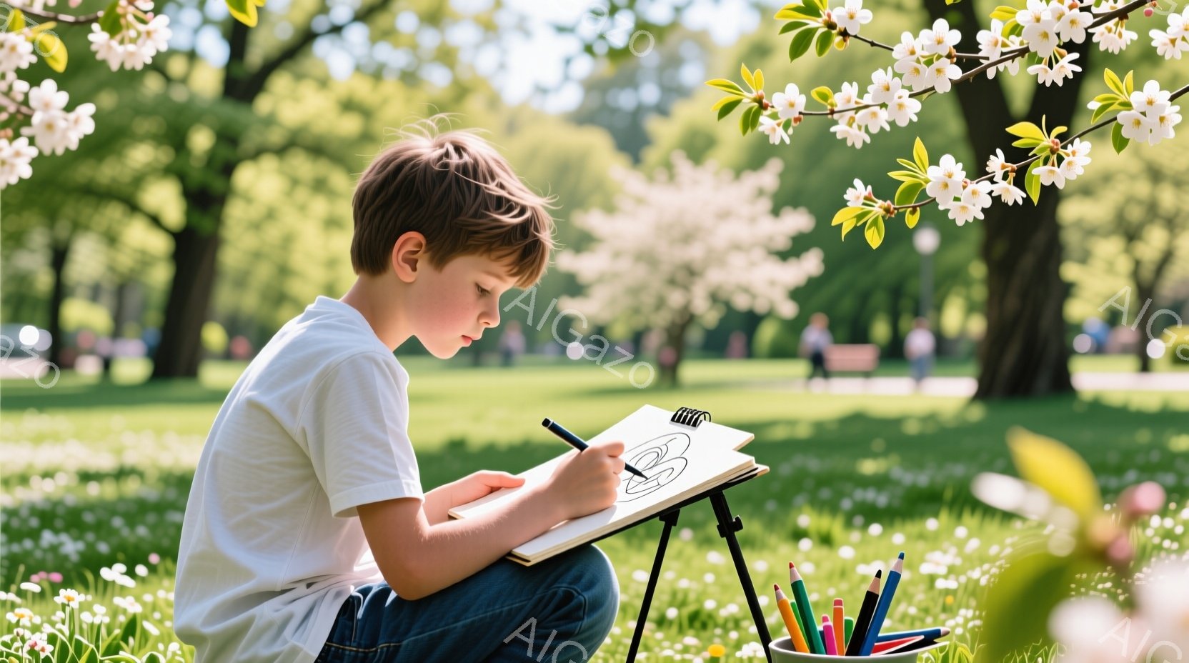 少年は緑豊かな草原で絵を描いています。彼は白いTシャツとジーンズを着ており、少し前かがみの姿勢でスケッチブックに向かっています。背景には木々が立ち並び、白い花が咲き乱れ、晴れた日の穏やかな雰囲気が感じられます。