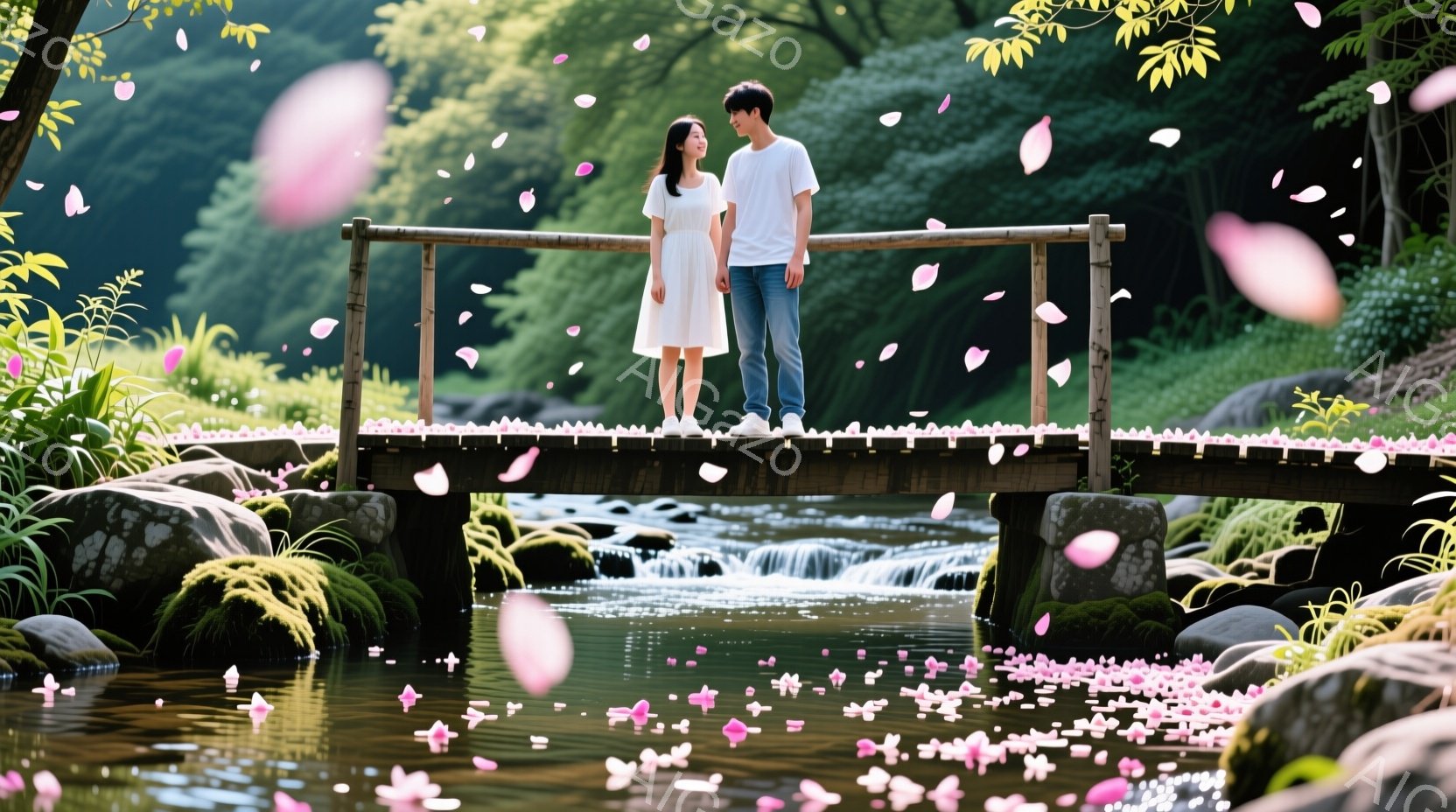 若い男女が木製の橋の上に立っており、女性は白いワンピースを着て、男性は白いTシャツとズボンを着用しています。二人は笑顔で少し離れて立っており、周囲には桜の花びらが舞い散っています。背景には緑豊かな木々 - AI生成フリー素材