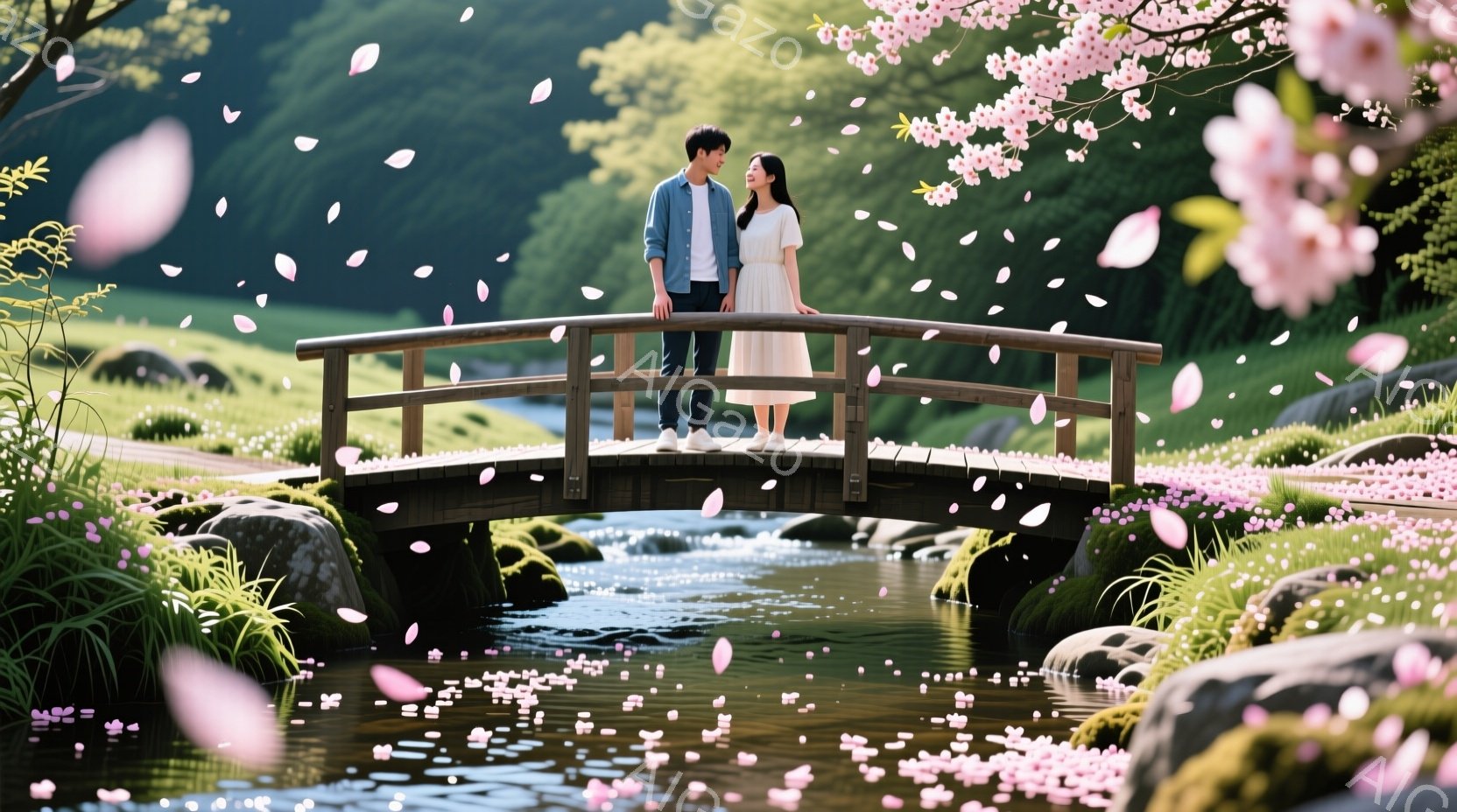 若い男女が木製の橋の上に立っており、女性は白のワンピース、男性はデニムシャツとジーンズを着ています。桜の花びらが舞い散り、橋の下を流れる小川と緑豊かな植物に彩られた、春の穏やかな風景です。全体的に、暖 - AI生成フリー素材