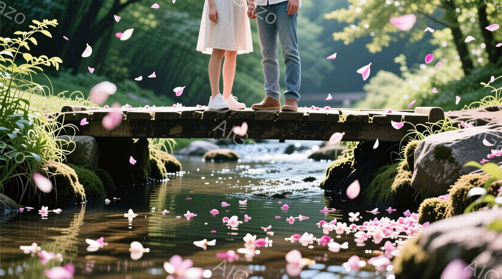 小さな木製の橋の上には、白いワンピースを着た女性とジーンズを着た男性が立っている。周りには桜の花びらが舞い散り、橋の下の小川にはその花びらが浮かび、穏やかでロマンチックな雰囲気を醸し出している。背景に - AI生成フリー素材