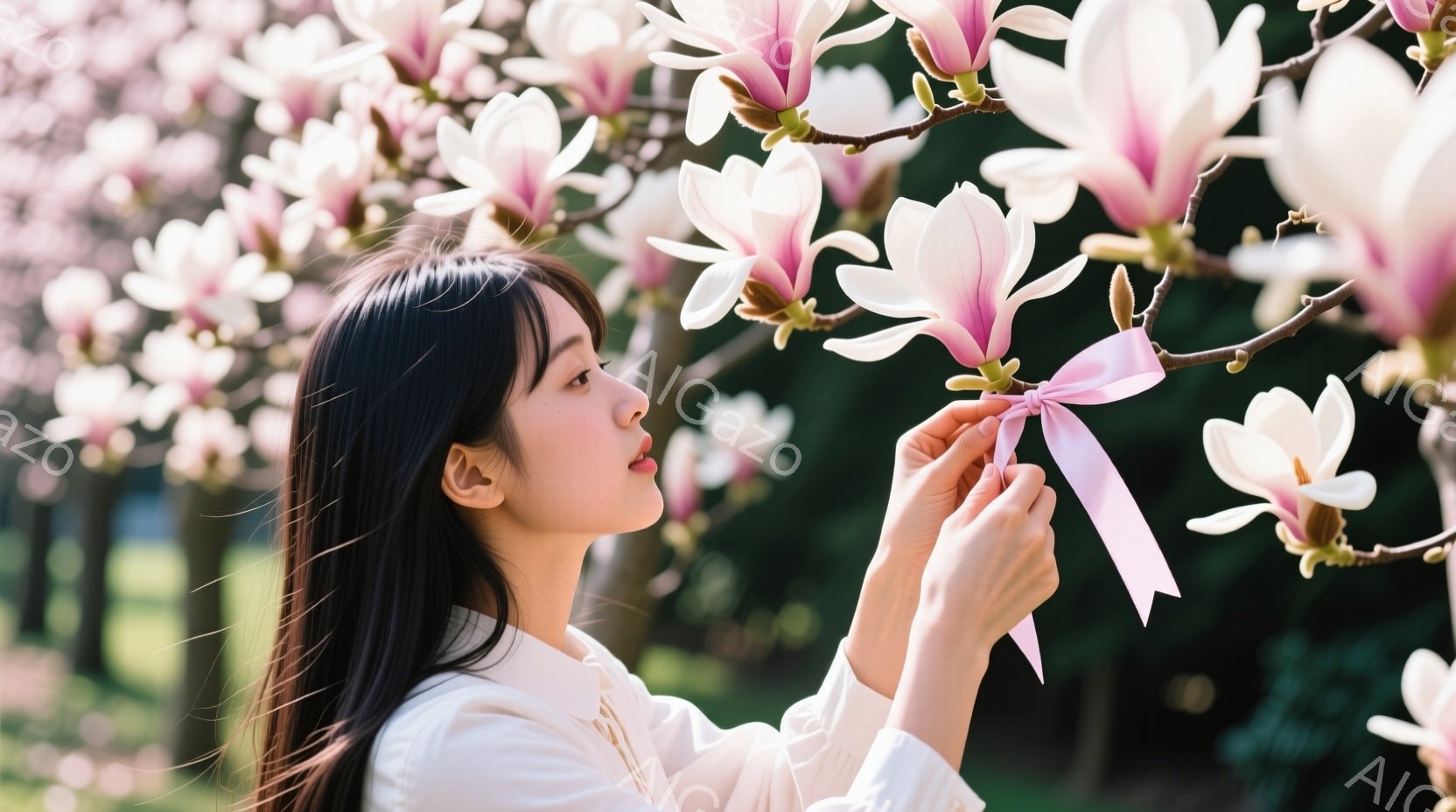 黒髪の女性が、ピンク色の帯のようなものを手で持ち、優しい表情で何かに集中しています。白いブラウスを着ており、背景には満開の桜が咲き乱れ、春の穏やかな日差しが感じられます。桜の木立の中で、女性は物思いに - AI生成フリー素材