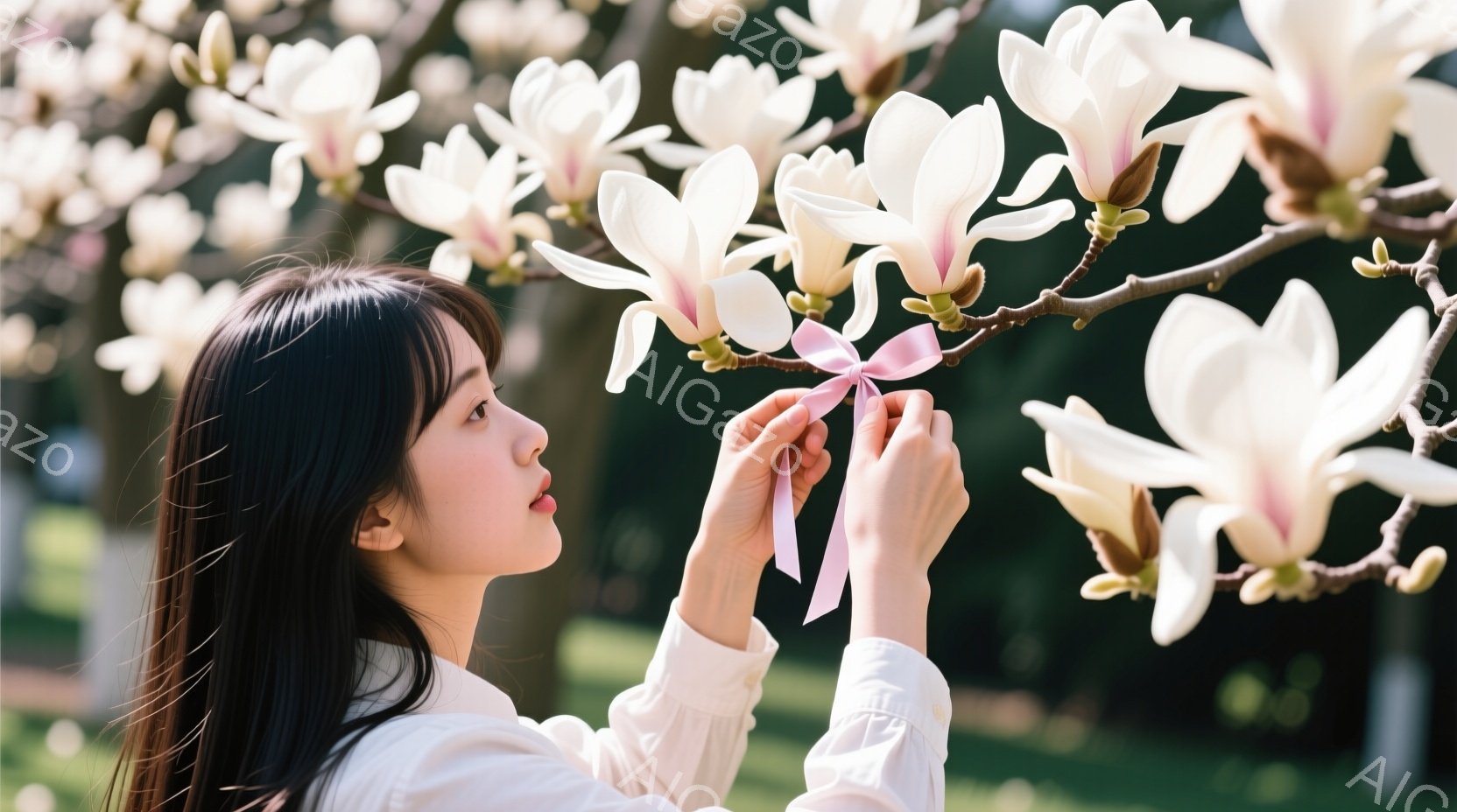 長い黒髪を肩で分けている女性が、満開の白っぽい桜の枝に薄いピンクのリボンを結び付けています。白いブラウスを着ており、顔は桜の花に近く、少し上を見上げて穏やかな表情をしています。背景は緑豊かな木々とぼん - AI生成フリー素材
