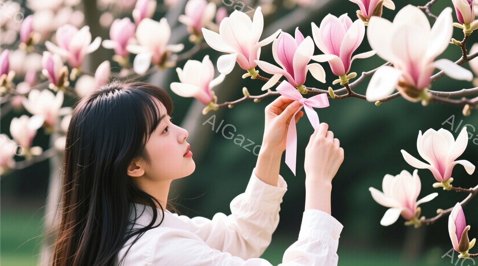 黒髪で前髪の流れる女性が、白いブラウスを着て、ピンク色の大きな椿の花の枝についたリボンを結んでいます。彼女は顔を少し上げ、優しく微笑みながら、春の暖かな日差しの中で、自然に溶け込むようにポーズをとっています。背景には、ぼやけた緑の木々と、春の訪れを感じさせる柔らかい光が広がっています。