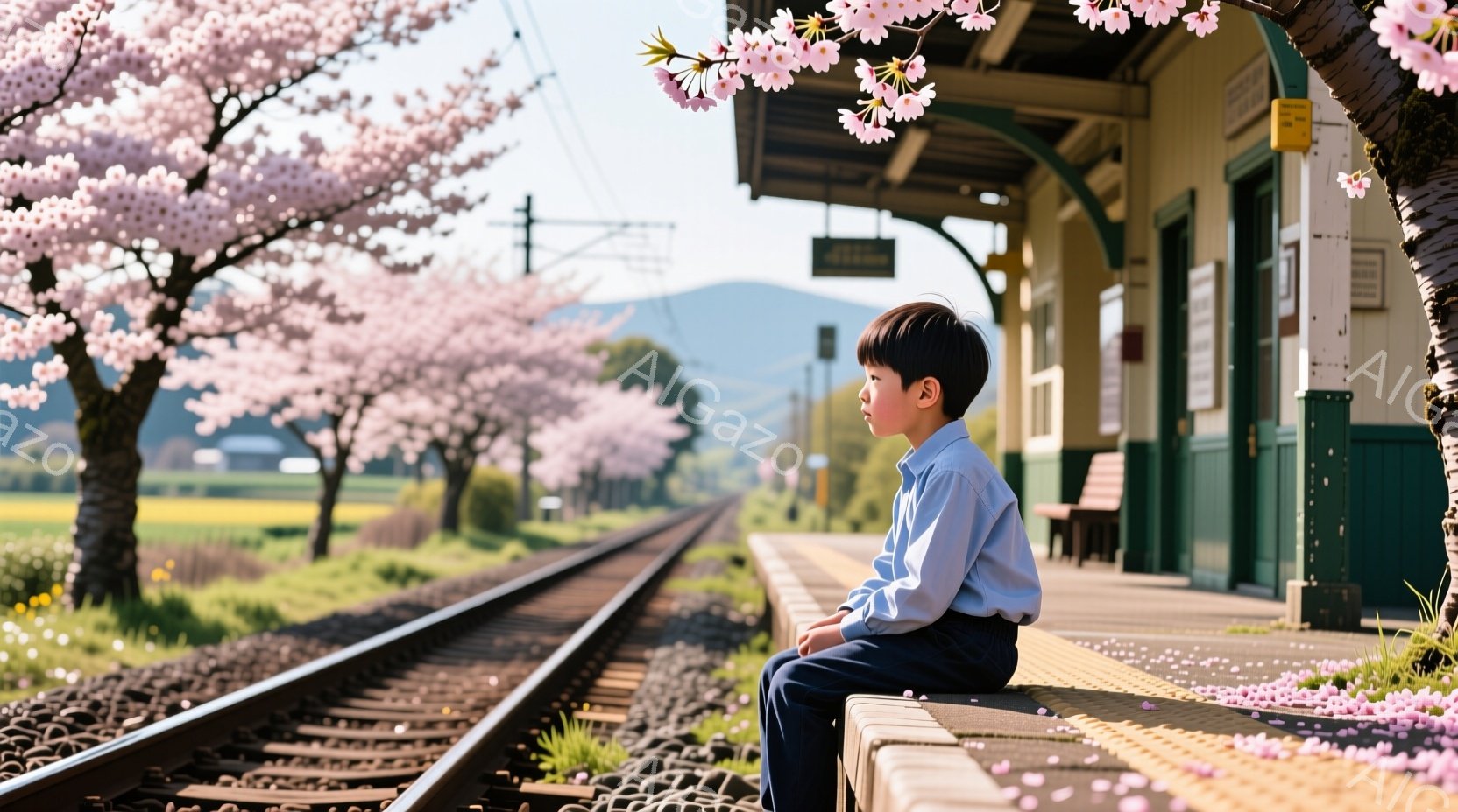 少年は、緑色のベンチに座り、線路に沿って遠くを見つめています。彼は、水色のシャツを着ており、短く刈り込んだ髪型です。背景には、桜並木と緑の田園風景が広がり、春の穏やかな雰囲気が漂っています。 - AI生成フリー素材