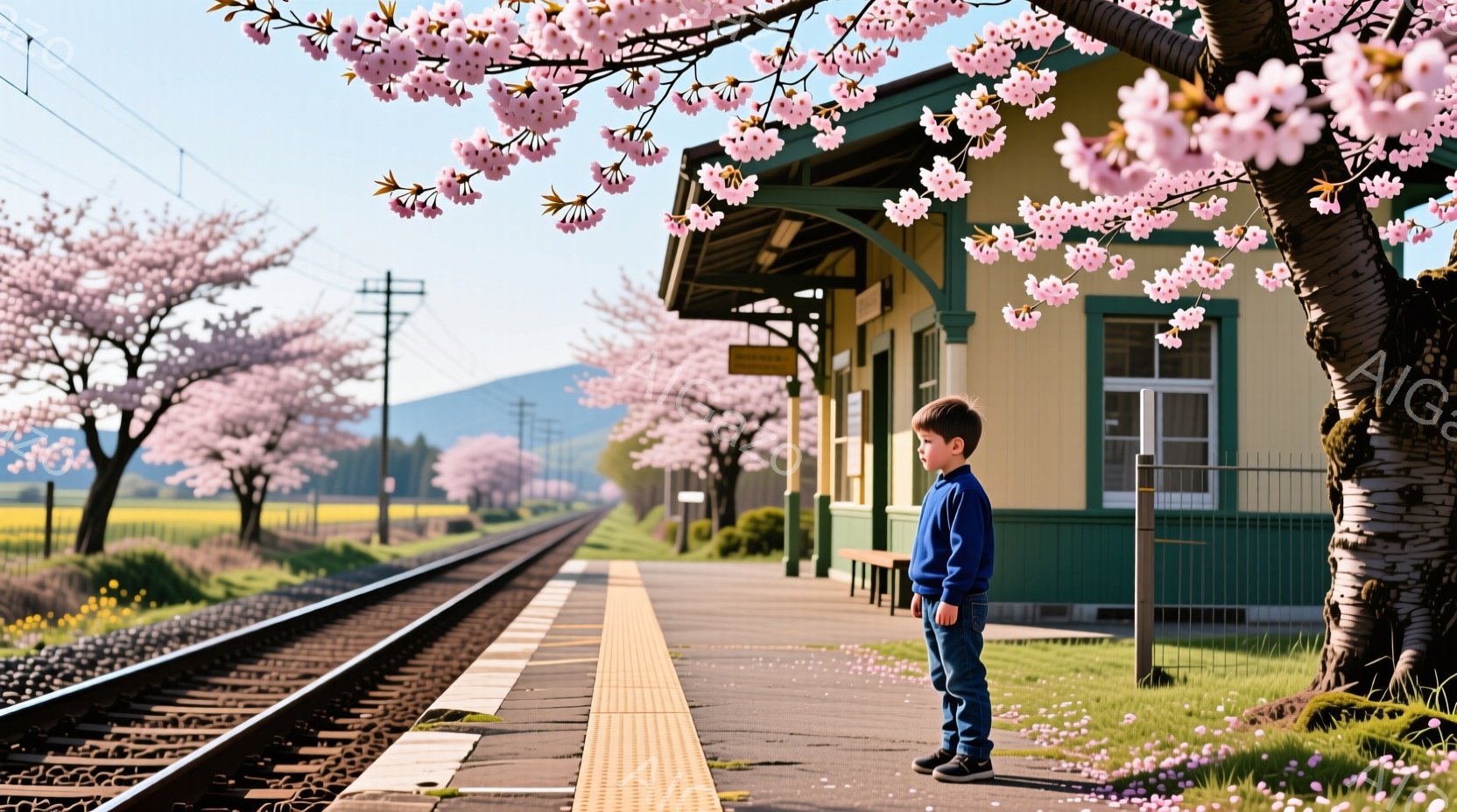 少年は、プラットホームの上で線路沿いに立っている。青いセーターとジーンズを身につけ、黒いスニーカーを履いている。背景には、桜並木が咲き誇り、黄色い菜の花畑と遠くの山々が広がっている。