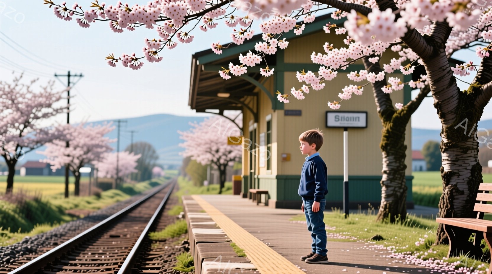 青いセーターとジーンズを着た少年が、線路沿いのプラットフォームに立っている。彼は少し前方を見つめ、背筋を伸ばした姿勢で、どこか物思いにふけっているようにも見える。背景には緑豊かな草原と山々が広がり、プ - AI生成フリー素材