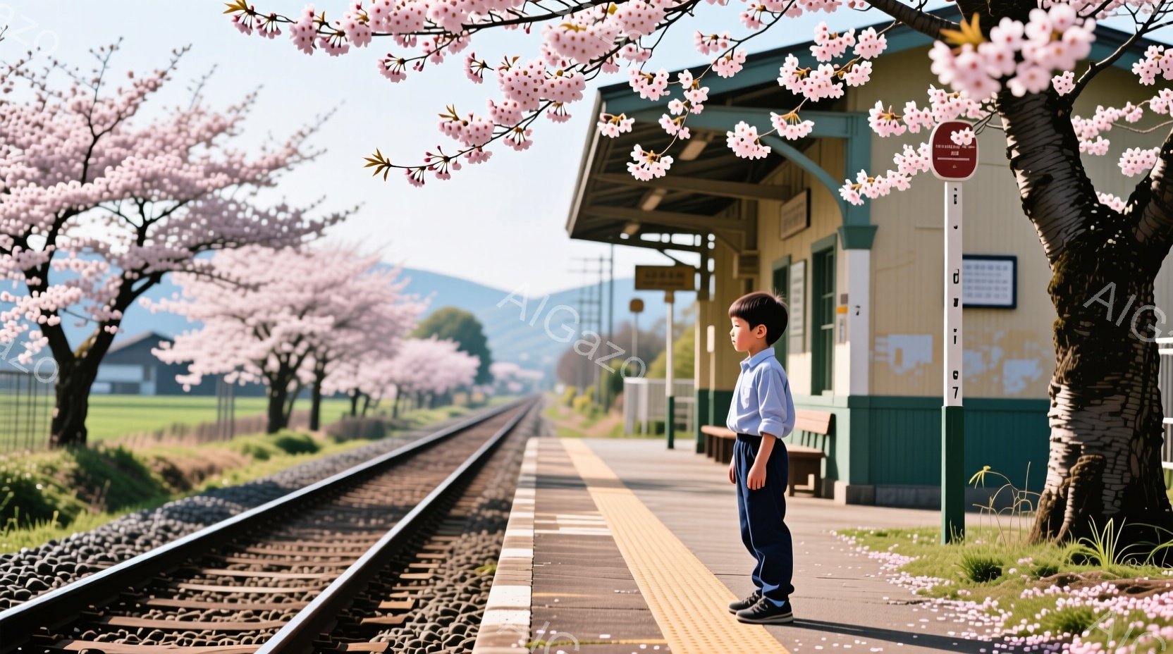 青いシャツに濃い青色のズボンを着用した少年が、田舎の駅のホームに立っている。彼は横を向いており、遠くを見つめている様子で、少し物憂げな表情をしている。背景には、桜並木が咲き誇り、緑の田園風景が広がり、 - AI生成フリー素材
