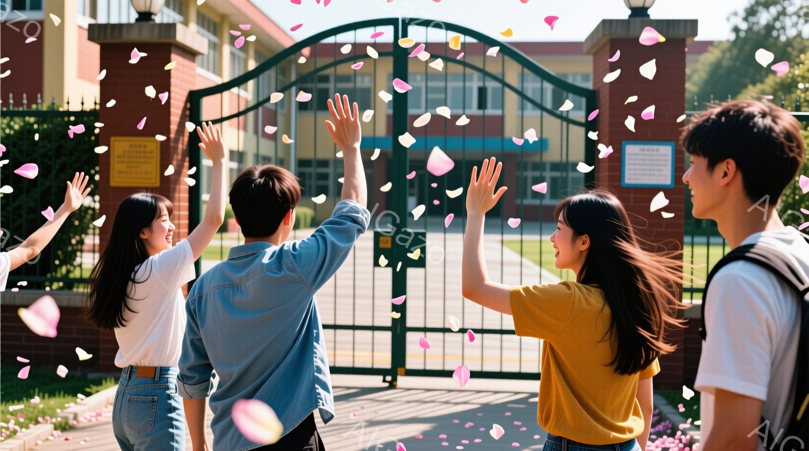 四人の学生が学校の門から出てくる様子が写っている。彼らは皆、明るい色の服を着ており、女性はそれぞれ異なる色のトップス、男性はデニムジャケットとTシャツを着ている。桜の花びらが舞い散る中、彼らは腕を上げて喜びを表現しており、背景にはレンガ造りの建物と青空が広がり、卒業や新たな始まりを祝うような活気に満ちた雰囲気が漂っている。