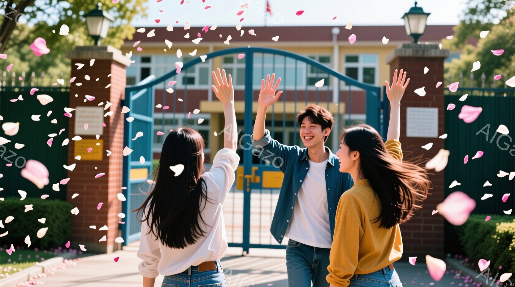 大学または学校の門の前で、両手を上げて喜んでいる若い男性を中心とした3人の学生が写っています。女性2人は長い黒髪で、白いブラウスと黄色いセーターを着ており、男性は白いTシャツにジーンズとブルーのジャケットを着ています。背景にはレンガ造りの建物と、桜の花びらが舞う明るい晴天が広がっており、卒業や新たな始まりを祝う活気のある雰囲気を醸し出しています。