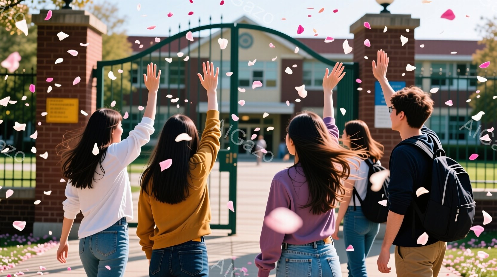 4人の若者がキャンパスの門を背にして歩いており、ピンク色の花びらが舞い散る中、腕を上げて喜んでいる様子が伺える。彼らはそれぞれ白いシャツ、黄色のニット、青いシャツ、そしてベージュのシャツとジーンズを着用しており、黒髪の女性は髪をなびかせている。背景にはレンガ造りの建物、緑豊かな芝生、そして晴天の空が広がっており、活気のあるキャンパスライフを象徴するような、希望に満ちた雰囲気を感じさせる。