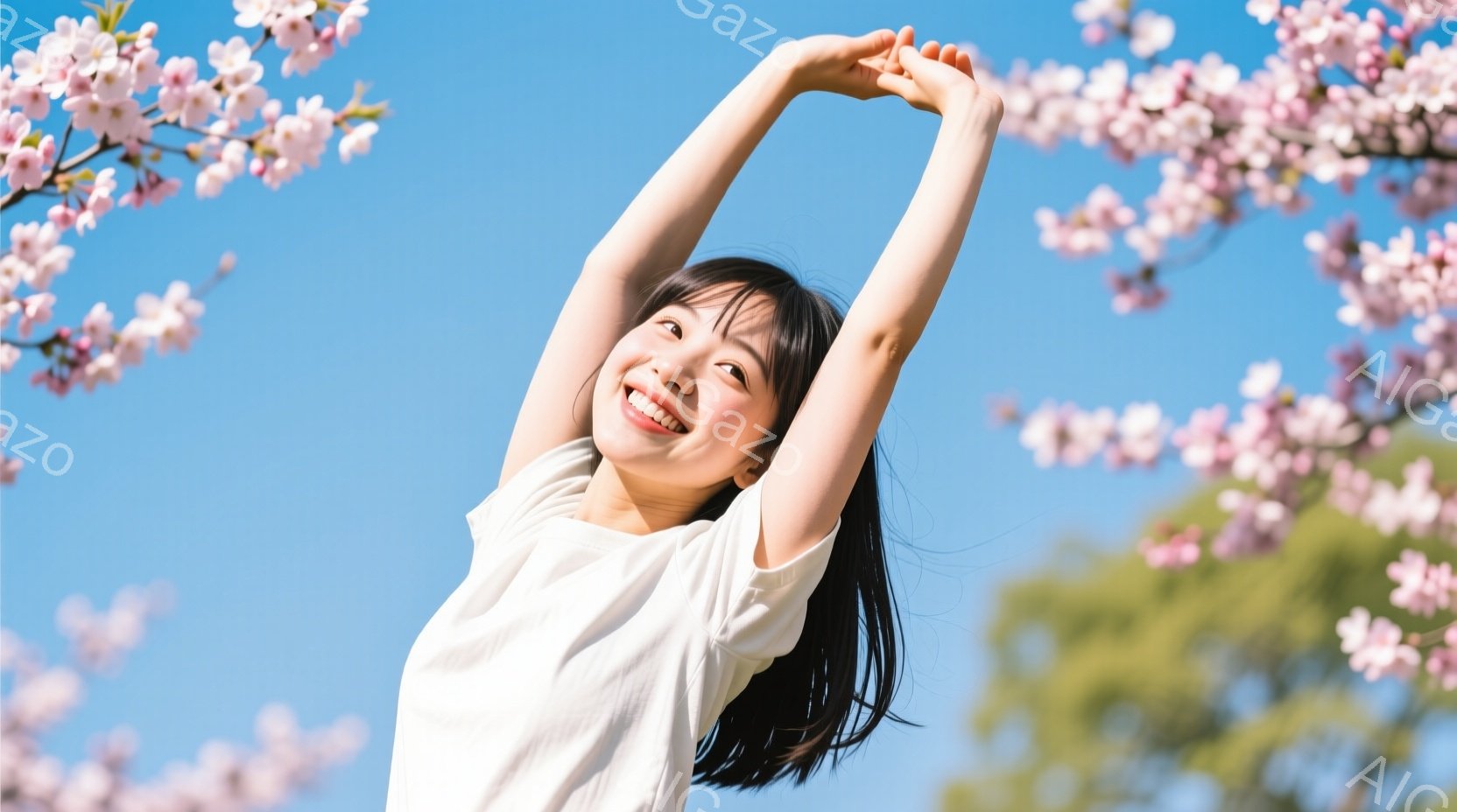 黒髪の女性が白いTシャツを着て、両腕を高く上げて空に向かって伸びています。彼女は笑顔で、背景には桜の花びらが咲き誇る青空と緑の葉が見えます。全体的に春の暖かく、明るい雰囲気が漂っています。 - AI生成フリー素材