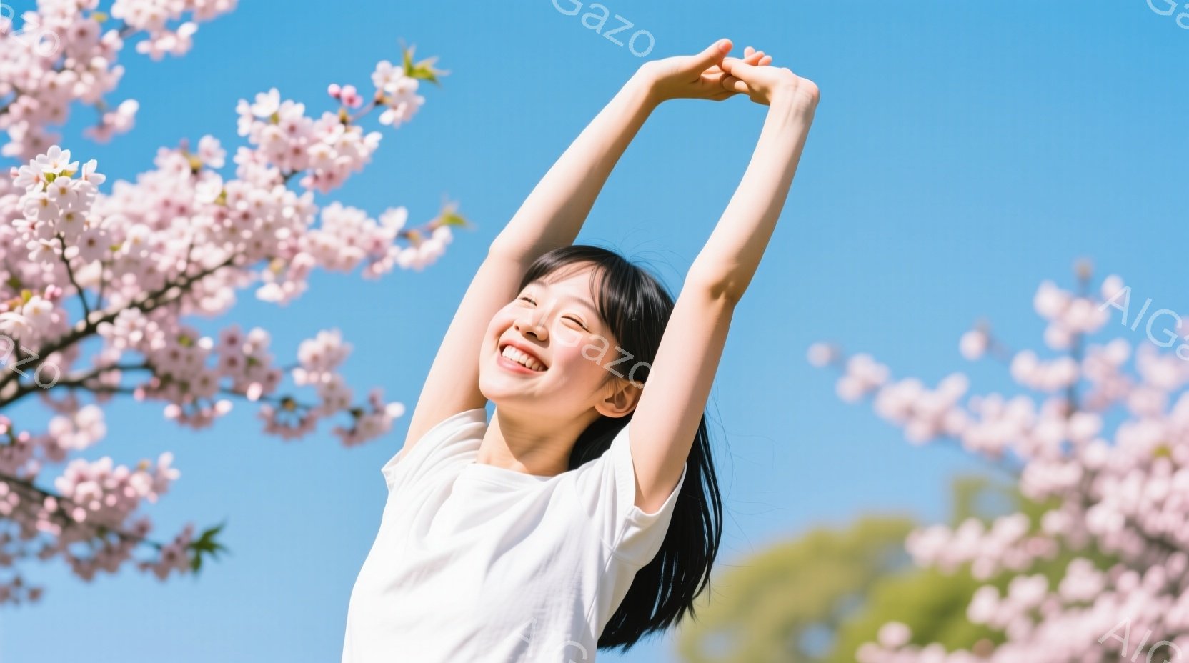 長い黒髪を後ろで一つにまとめた若い女性が、両手を高く上げて空に向かって伸びています。白いTシャツを着ており、満開の桜並木を背景に、満面の笑顔で喜びを表現しています。晴れた青空の下、春の暖かさと幸福感に満ちた、生き生きとした雰囲気です。