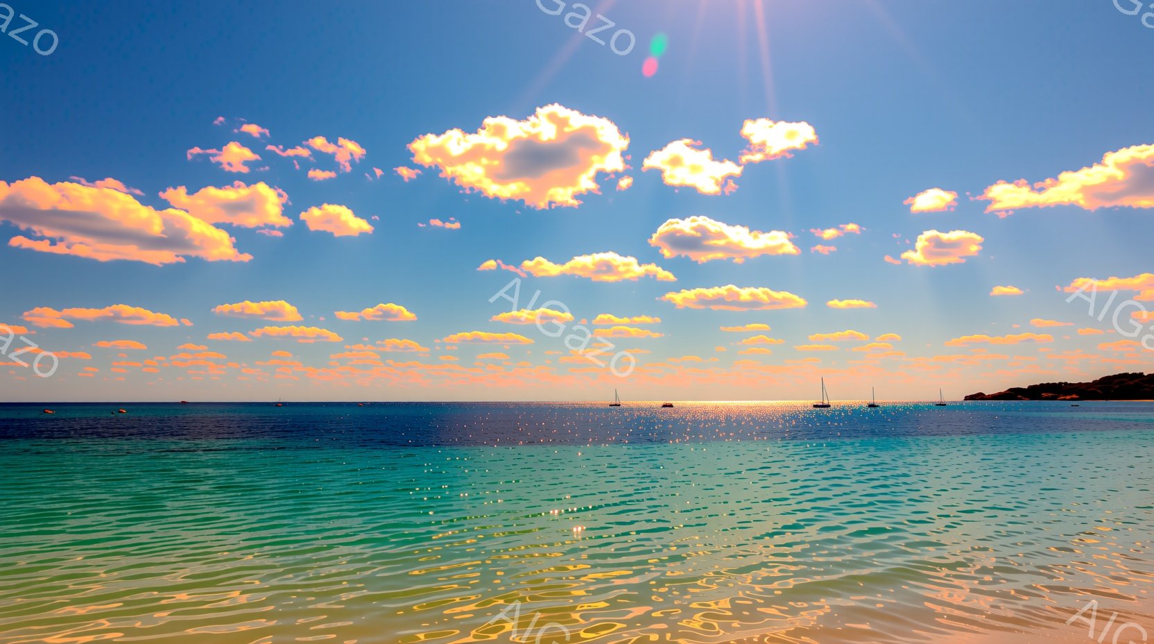 鮮やかなターコイズブルーの海面が、太陽の光を浴びてキラキラと輝いている。空には、オレンジ色と白の雲が広がり、夕焼けのような暖かく穏やかな雰囲気を作り出している。遠くには、いくつかのヨットが見え、静かで - AI生成フリー素材