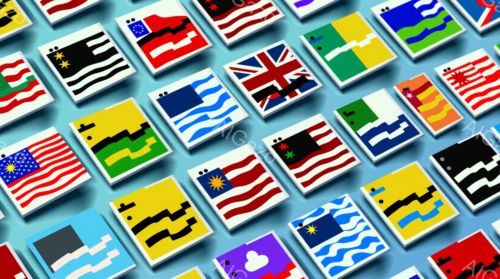 さまざまな国の国旗が並んだ様子を捉えています。国旗は白線で区切られた四角いキャンバス上に、少し角度をつけて配置されており、全体的に鮮やかでカラフルな印象を与えます。背景は淡い水色のグラデーションで、国旗の色を引き立てています。