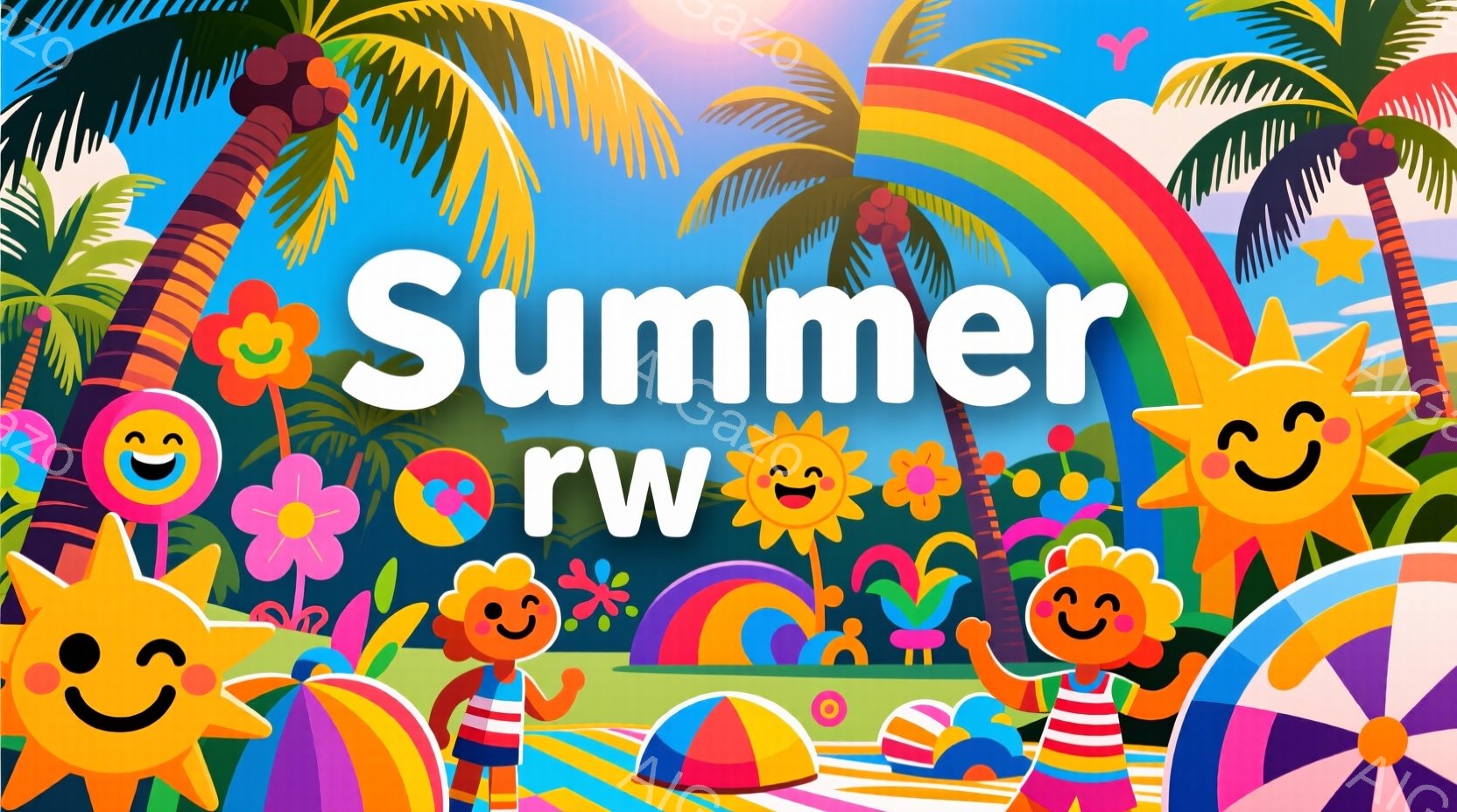 カラフルで陽気な夏のイラストです。太陽、花、ビーチボール、虹などが笑顔で配置されており、明るく楽しい雰囲気が漂っています。背景にはヤシの木と砂浜が描かれ、青空が広がっており、夏のビーチリゾートを連想さ - AI生成フリー素材