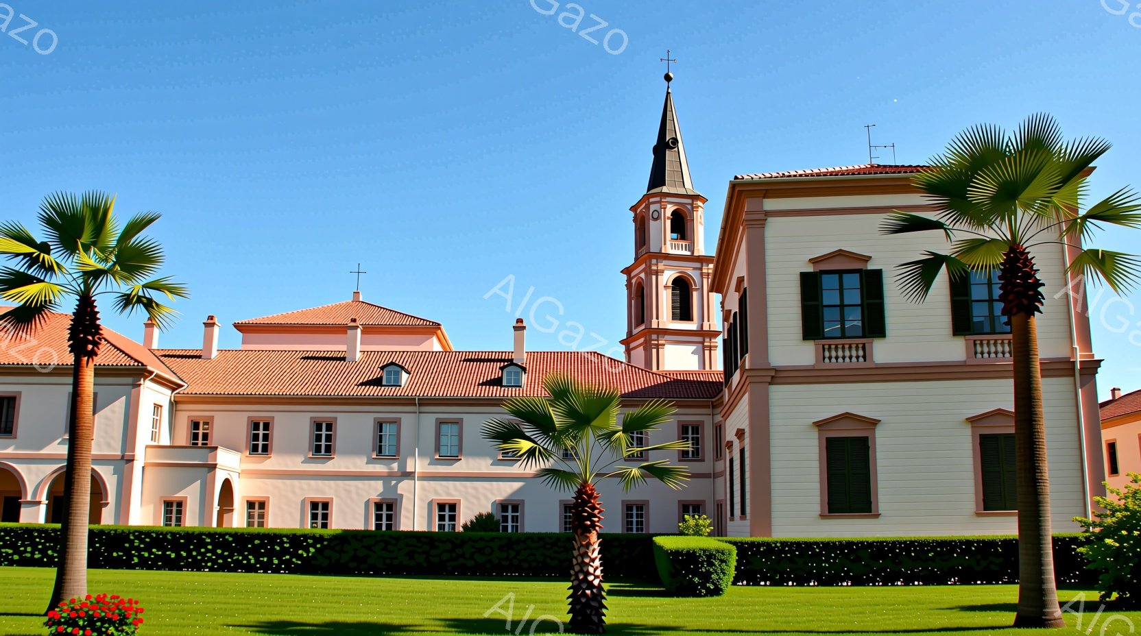 広大な緑の芝生に、淡いピンク色の美しい建物が立っている。建物の屋根はオレンジ色の瓦で覆われ、白い壁と黒い窓枠がコントラストをなしている。手前にヤシの木が立ち並び、手入れの行き届いた庭園と青空が、穏やかで洗練された雰囲気を醸し出している。