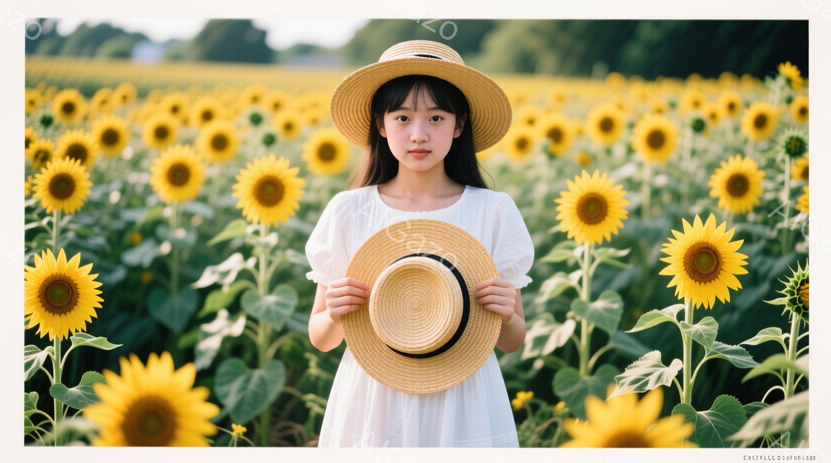 明るい黄色いひまわり畑の中に、白いワンピースを着た少女が立っている。彼女は麦わら帽子を両手で抱え、少し微笑んだ表情でこちらを見ている。背景は一面のひまわりで、天候は晴れで、全体的に温かく、穏やかな雰囲 - AI生成フリー素材