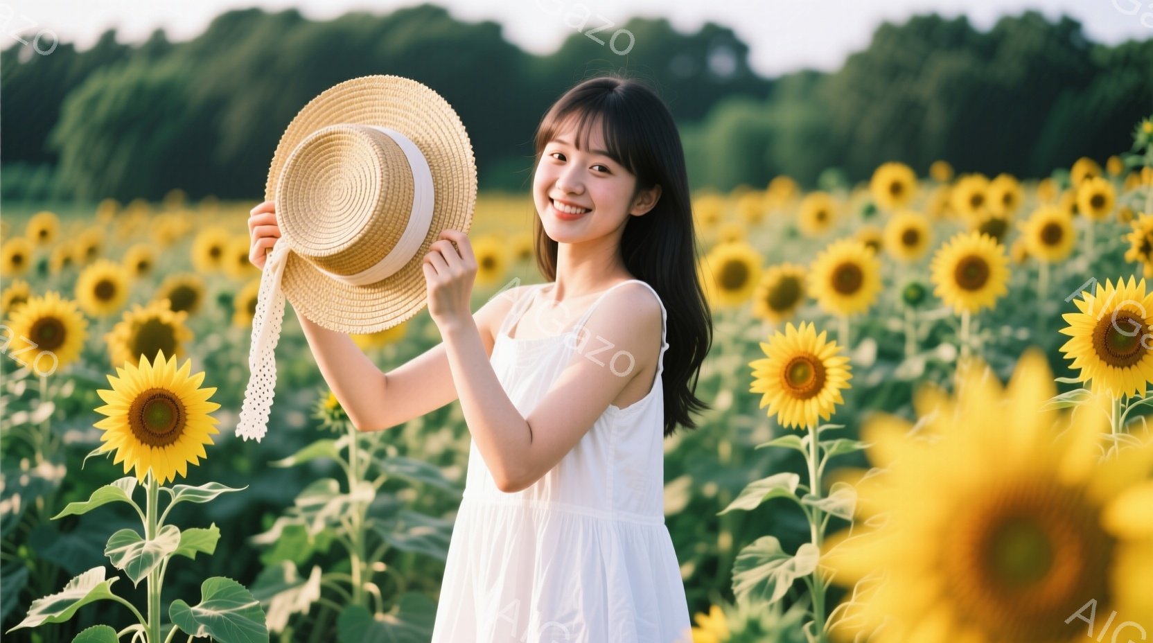 ひまわりの畑で、白いワンピースを着た若い女性が映っている。彼女は麦わら帽子を片手に持ち、微笑んでカメラを見ている。背景は一面に広がる黄色いひまわりで、明るく暖かい雰囲気が漂っている。 - AI生成フリー素材