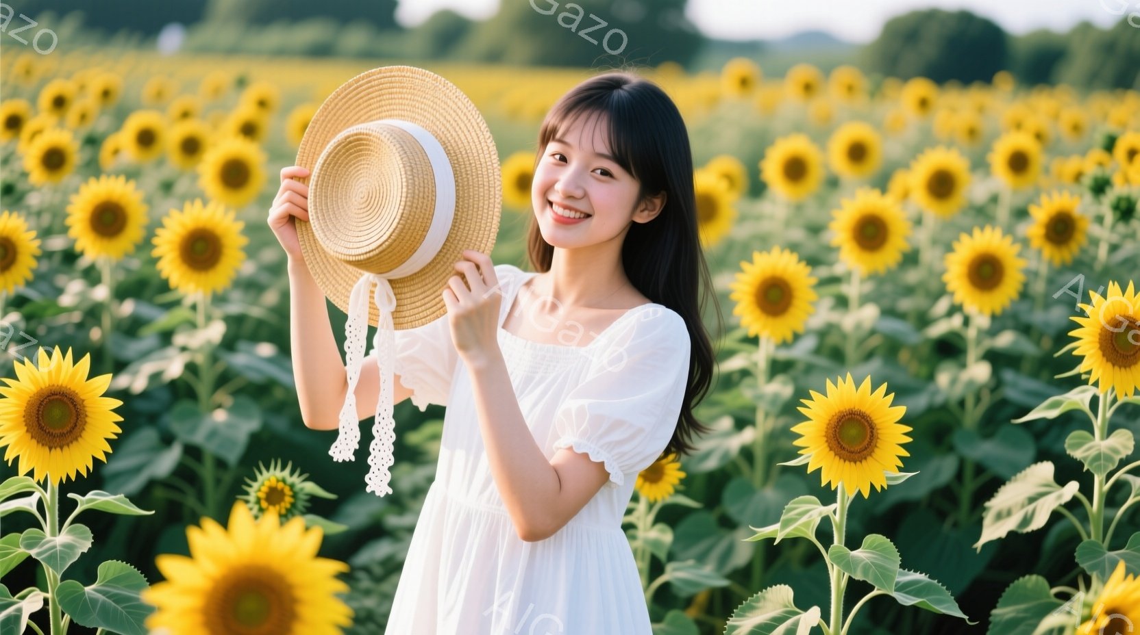 ひまわりの畑で、白いワンピースを着た若い女性が笑顔でポーズをとっています。彼女は麦わら帽子を持ち、肩越しに微笑んでおり、明るい表情が印象的です。背景には一面に咲き誇るひまわりが広がり、晴れた日の穏やか - AI生成フリー素材