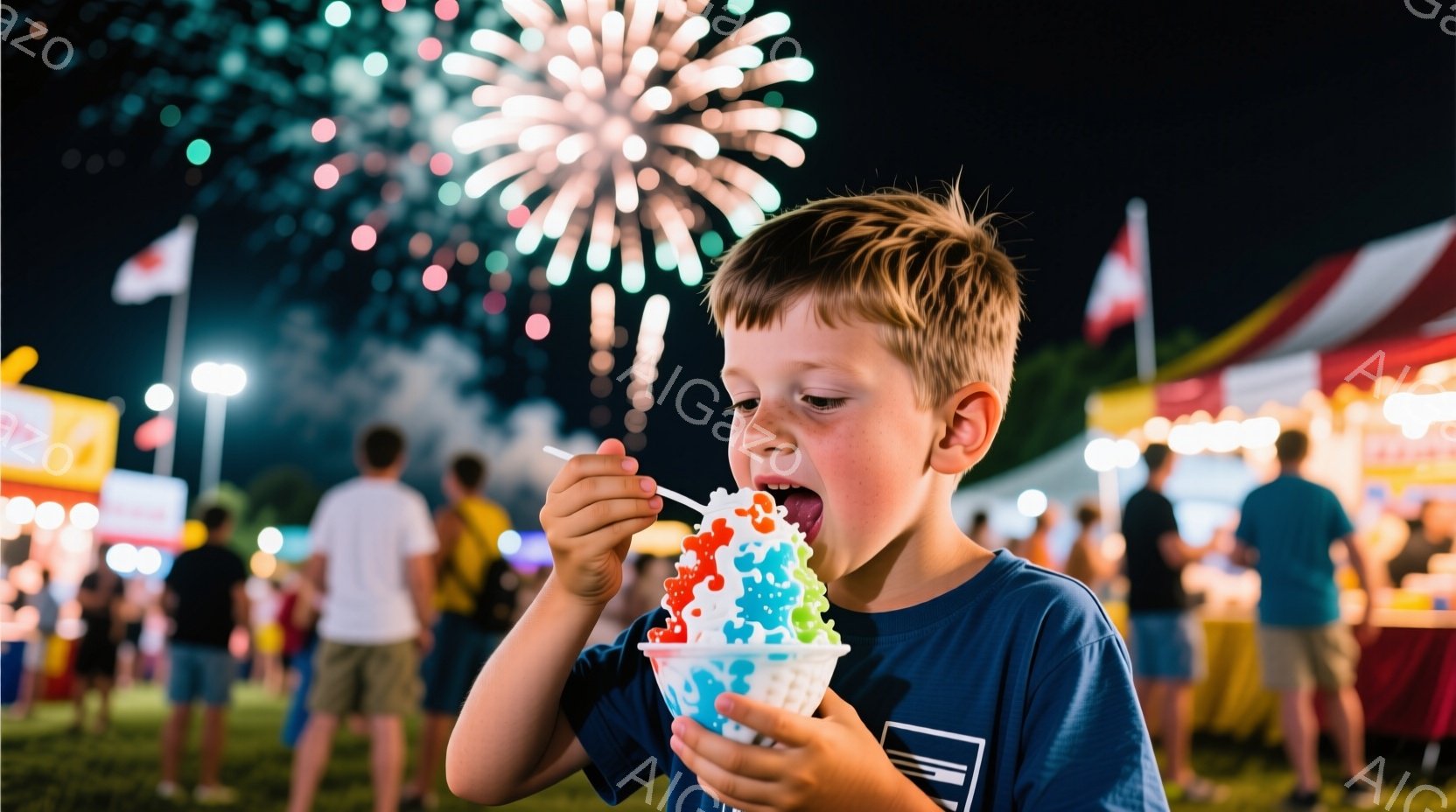 少年は青いTシャツを着て、カラフルなかき氷を楽しんでいます。彼は少し口を開け、スプーンでかき氷を頬に近づけています。背景には、賑やかな遊園地の夜景と花火が咲き誇り、楽しい夏の夜の雰囲気を醸し出していま - AI生成フリー素材