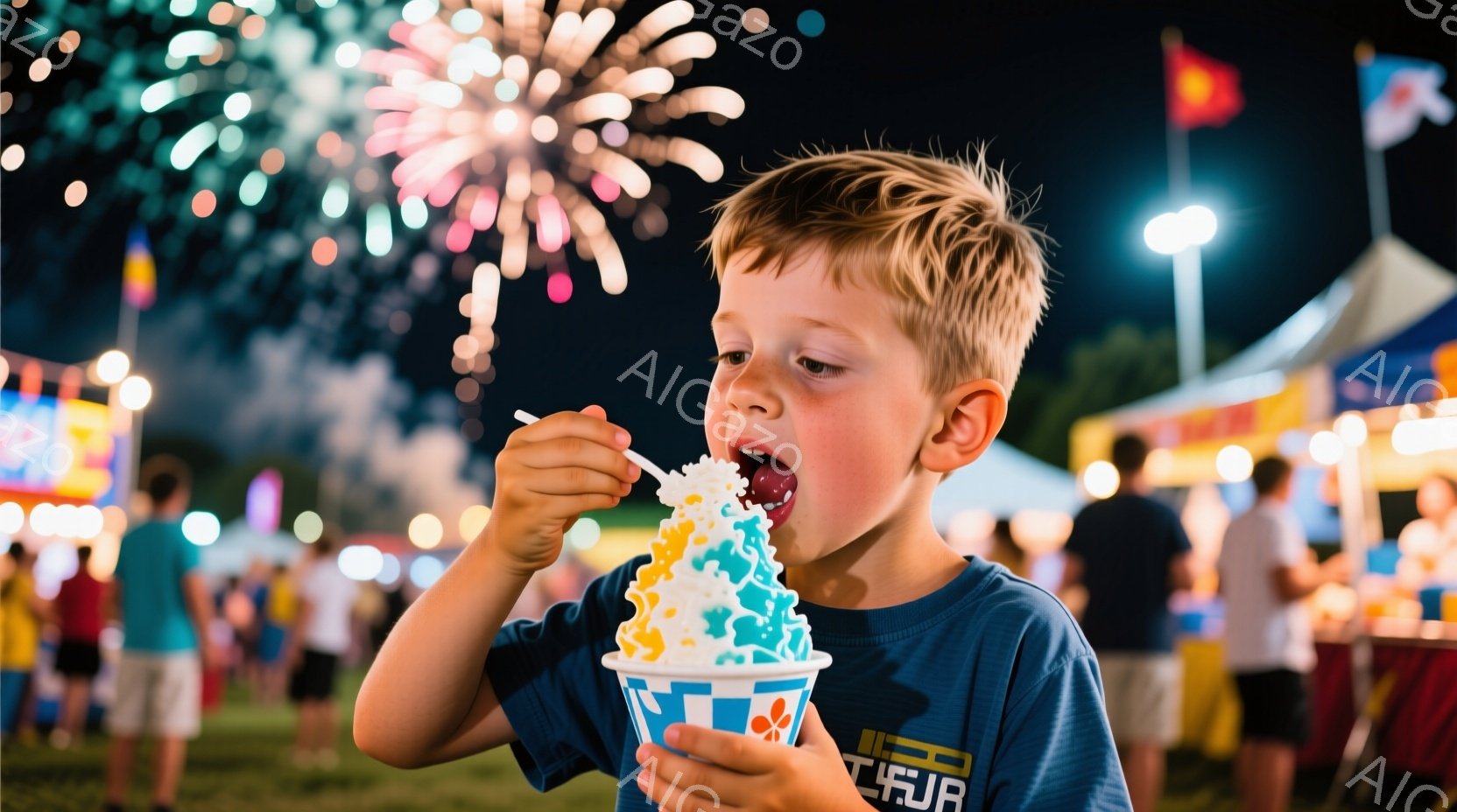 少年はカラフルなかき氷をスプーンで楽しそうに食べている。青と白の渦巻き模様のかき氷と、少年が着ている青いTシャツが鮮やかなコントラストをなしている。背景には多くの人がおり、屋台やテントが立ち並び、夜空 - AI生成フリー素材