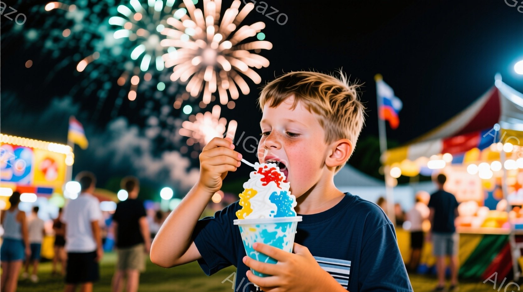 少年は、カラフルなアイスクリームをスプーンで楽しそうに食べています。彼は青い縞模様のTシャツを着ており、金髪を無造作にとかしたヘアスタイルです。背景には、遊園地のような賑やかな光景が広がり、夜空には花火が打ち上げられています。