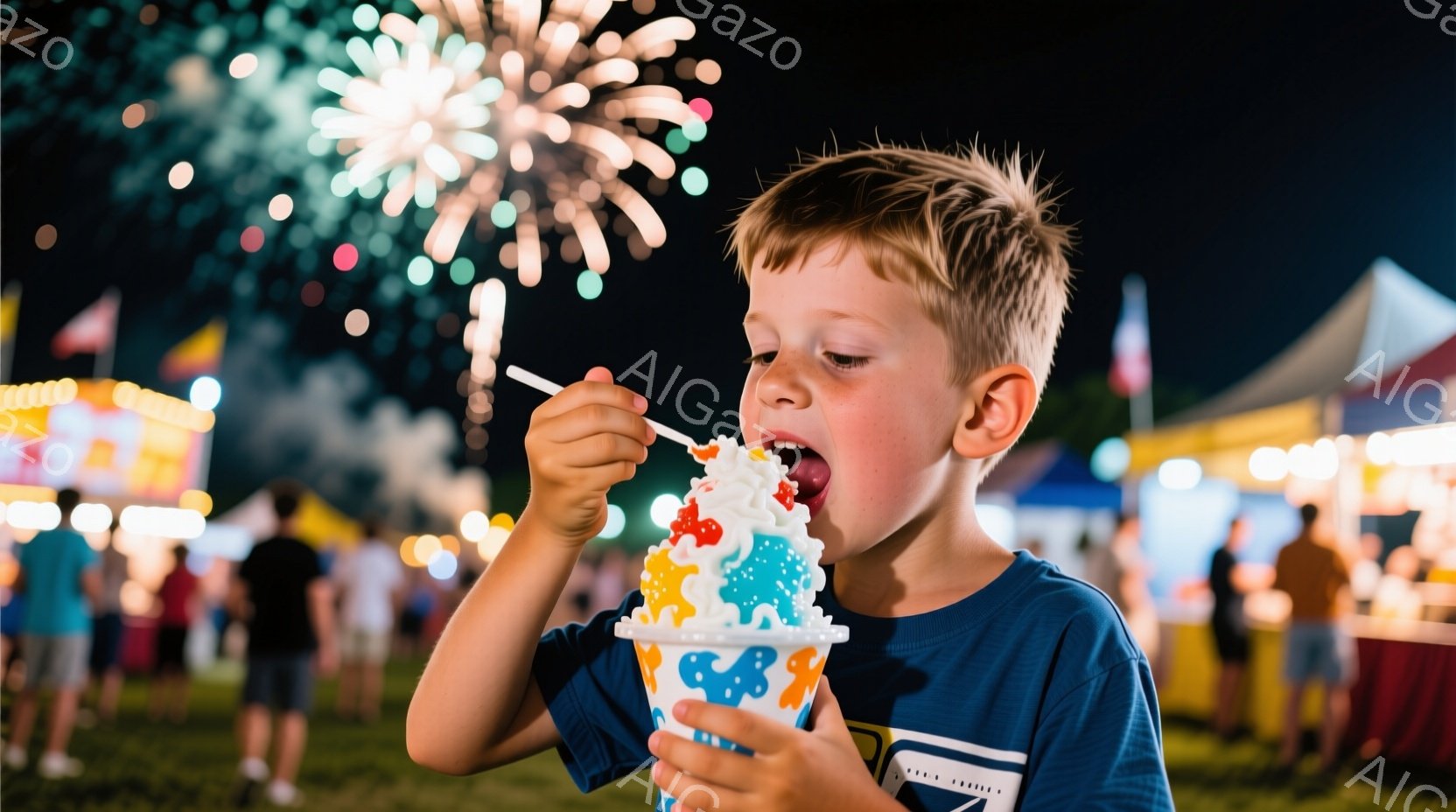 金髪の少年が、カラフルなアイスクリームをスプーンで掬って口に運んでいます。青いTシャツを着ており、少し無邪気な笑顔を浮かべています。背景には遊園地のような賑やかな雰囲気があり、多くの人々が楽しんでいる様子と、夜空に打ち上げられる花火が見えます。