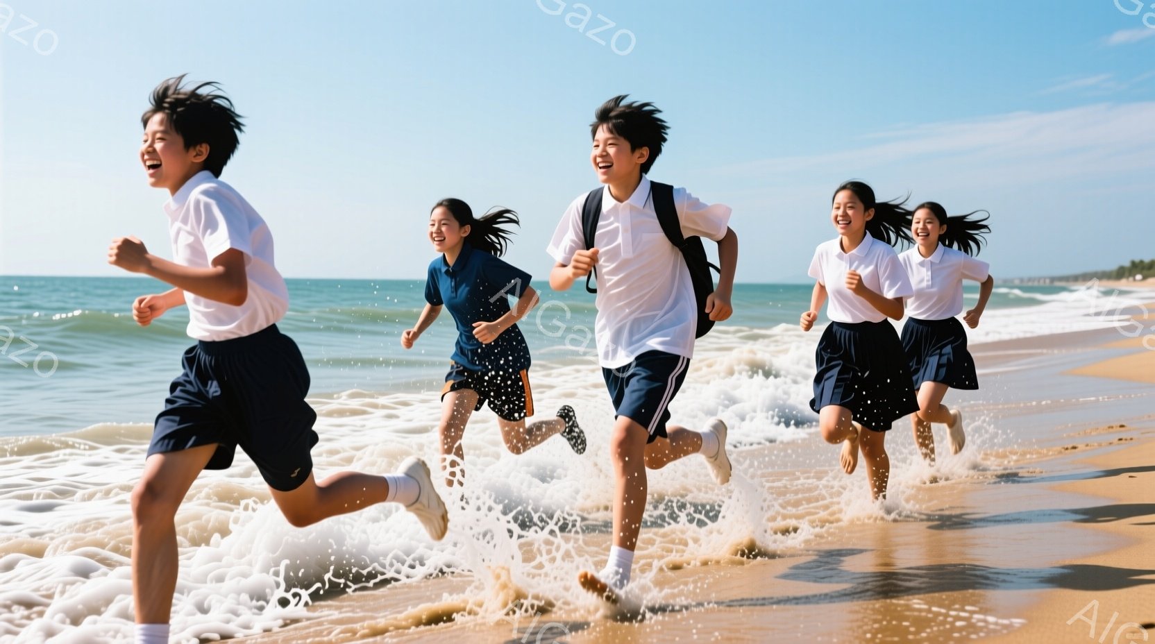 紺色の短パンと白いシャツの制服を着た4人の学生が、砂浜を駆け抜け、波しぶきを上げている。彼らは皆、笑顔で、活気に満ちた様子で、夏の海を楽しんでいるようだ。背景には穏やかな海と青い空が広がり、晴れた日差 - AI生成フリー素材