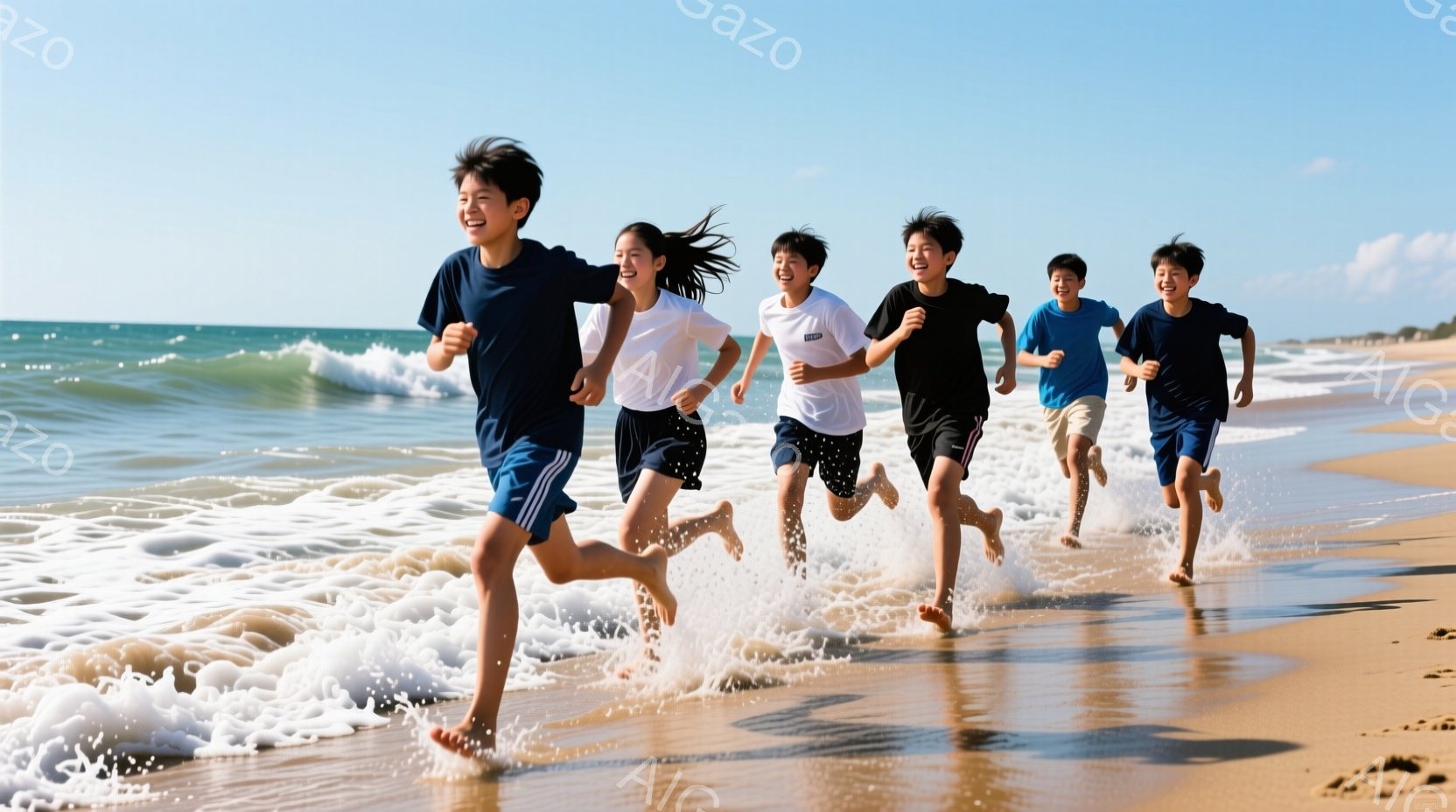 砂浜を５人の子供たちが駆け抜けている写真です。青い空の下、波打ち際を裸足で走り、皆明るい笑顔を見せています。子供たちはそれぞれ異なる色のTシャツと短パンを着ており、活気に満ちた夏の一日を表現しています。