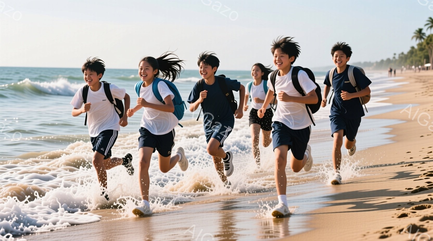紺色の短パンと白いTシャツを着た、リュックを背負った5人の学生が、波打ち際を駆け抜けている。彼らは皆笑顔で、活気に満ちた表情をしている。背景には、穏やかな海と、遠くに見える緑豊かな木々が広がり、晴天の下、爽やかな夏の雰囲気が漂っている。