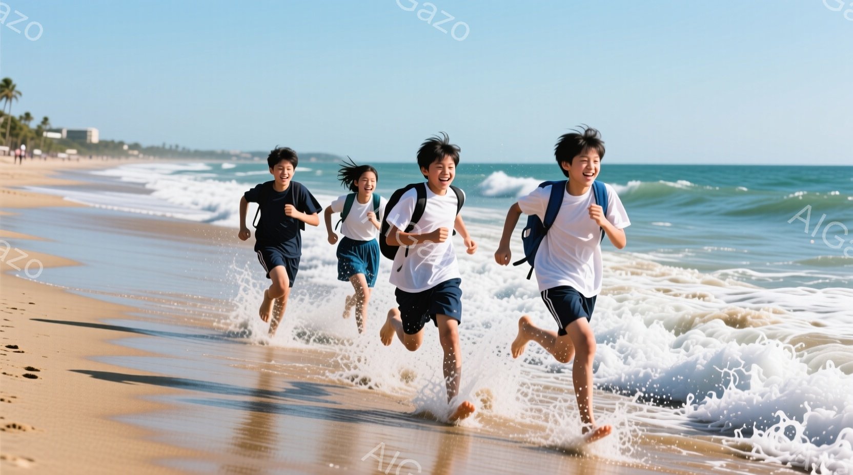 紺色の短パンと白いシャツを着た男子生徒3人と、同じ制服の女子生徒1人が、海岸線を駆け抜けている。彼らは皆、笑顔で、濡れた砂浜と打ち寄せる波の中を走っており、背中にはリュックサックを背負っている。背景に - AI生成フリー素材